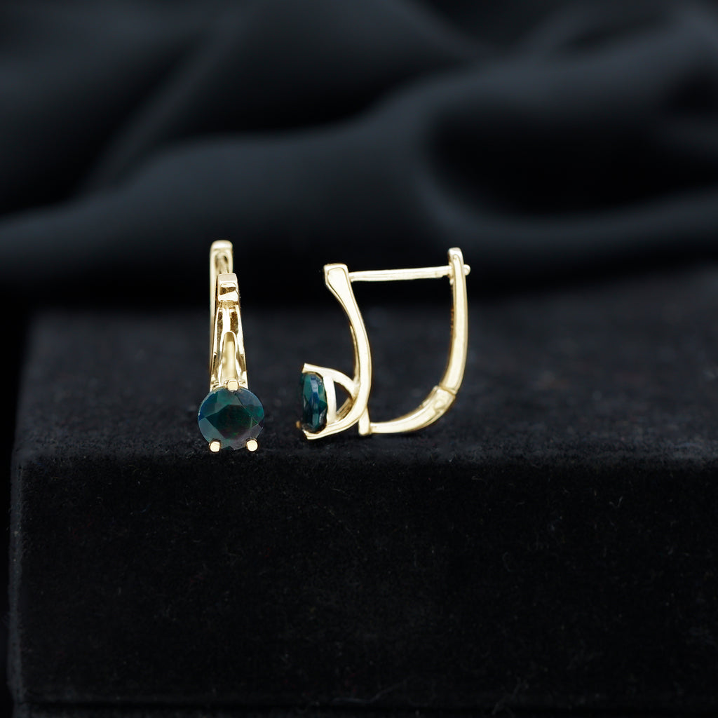 1/2 CT Round Cut Solitaire Black Opal Simple J Hoop Earrings in Gold Black Opal - ( AAA ) - Quality - Rosec Jewels