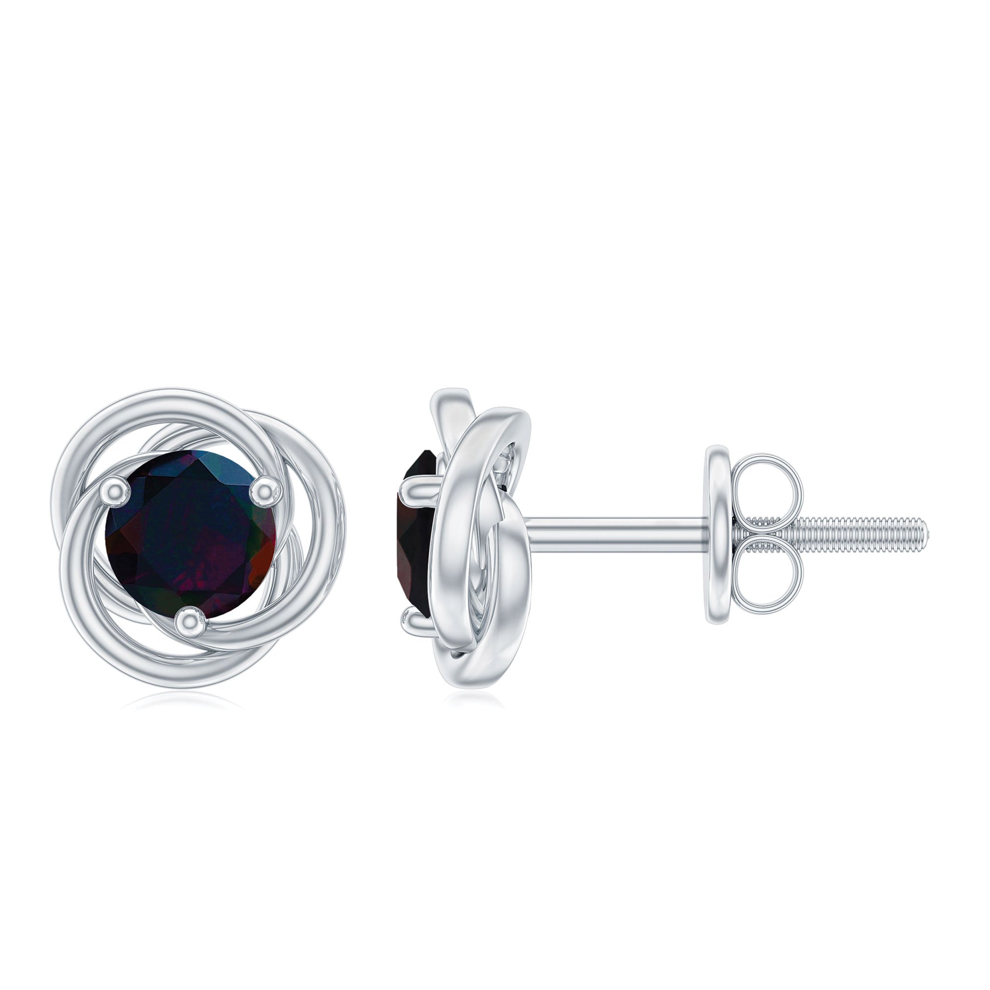 Round Solitaire Black Opal Gold Swirl Stud Earrings Black Opal - ( AAA ) - Quality - Rosec Jewels