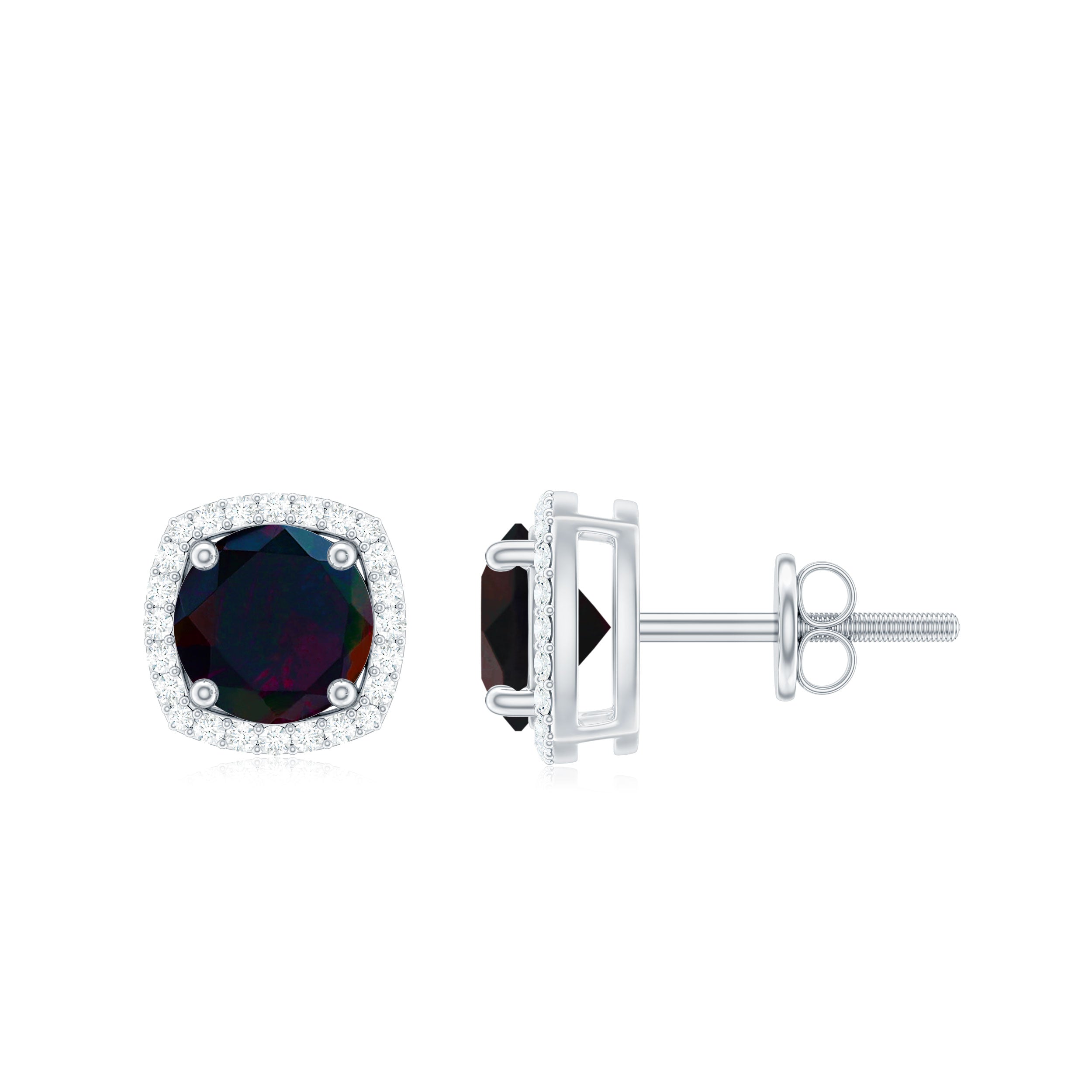 Round Shape Halo Stud Earrings with Black Opal and Moissanite Black Opal - ( AAA ) - Quality - Rosec Jewels