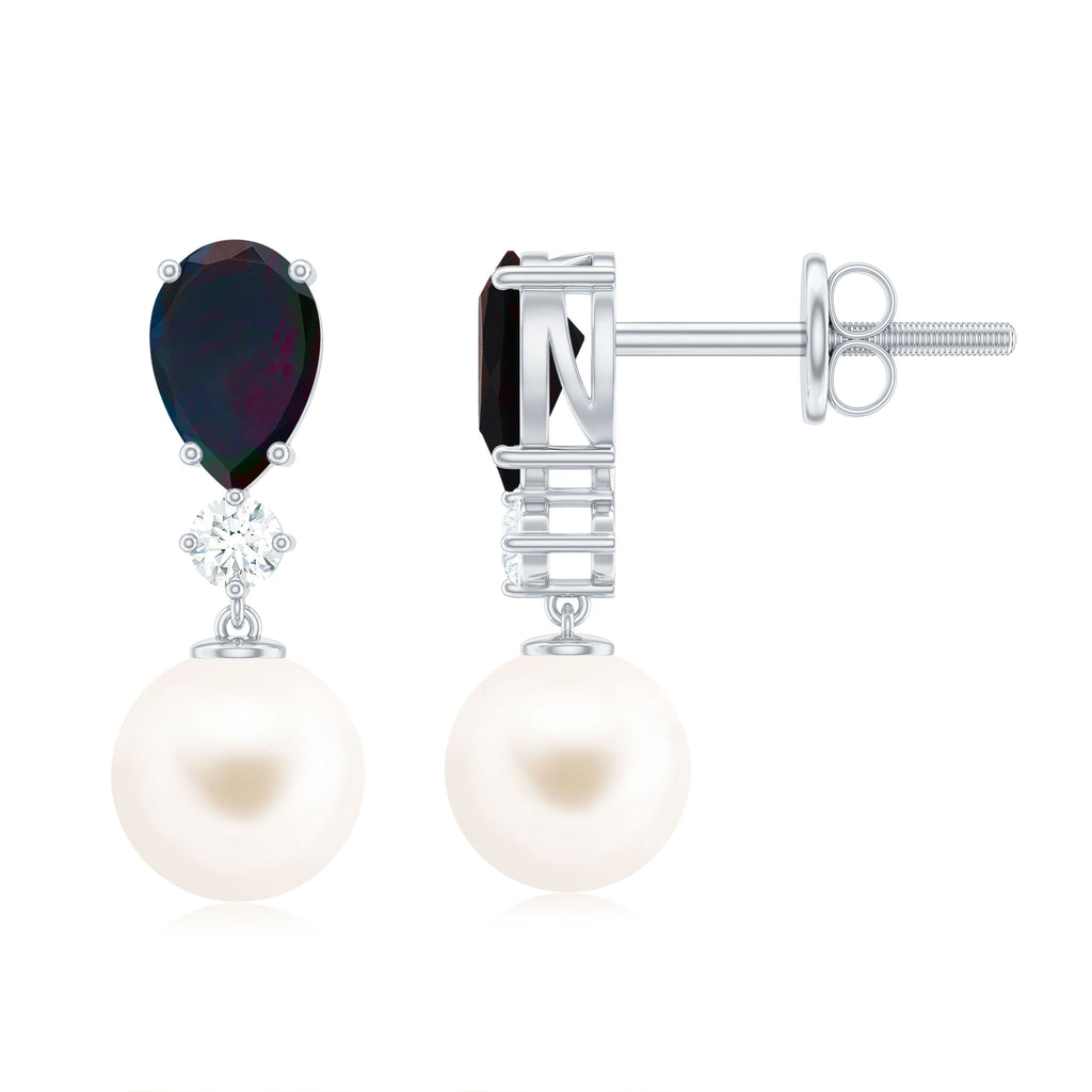 Pear Cut Black Opal and Freshwater Pearl Drop Earrings with Moissanite