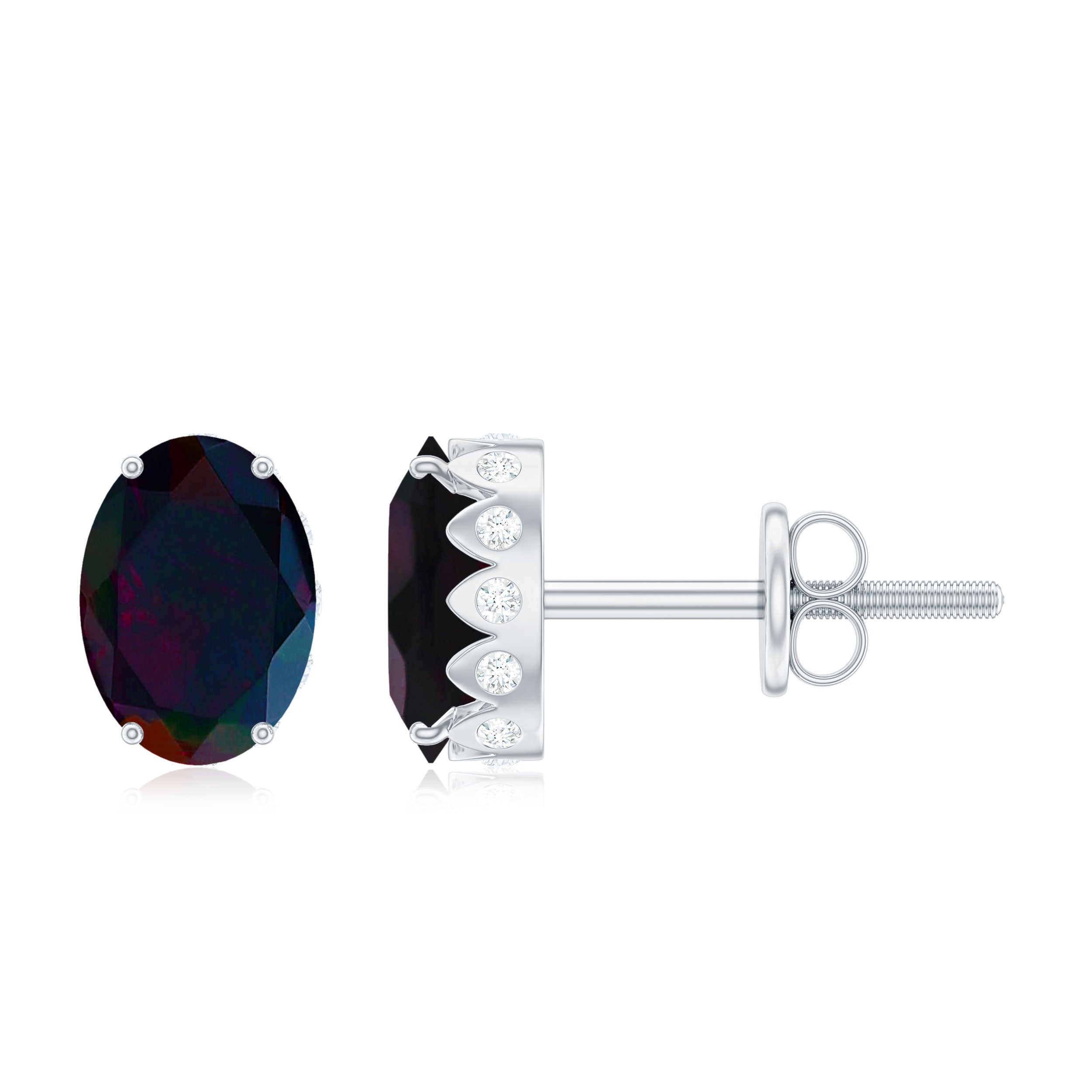 2 CT Oval Cut Solitaire Black Opal Stud Earrings with Moissanite Accent Black Opal - ( AAA ) - Quality - Rosec Jewels