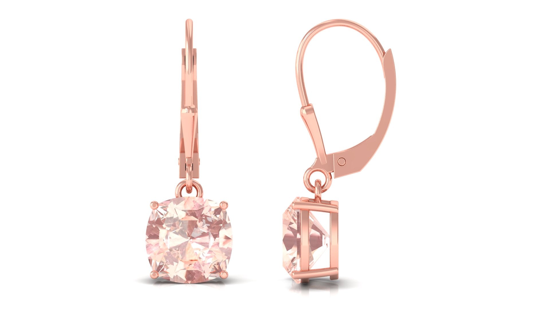 8 MM Cushion Cut Morganite Solitaire Drop Earrings with Lever Back Morganite - ( AAA ) - Quality - Rosec Jewels
