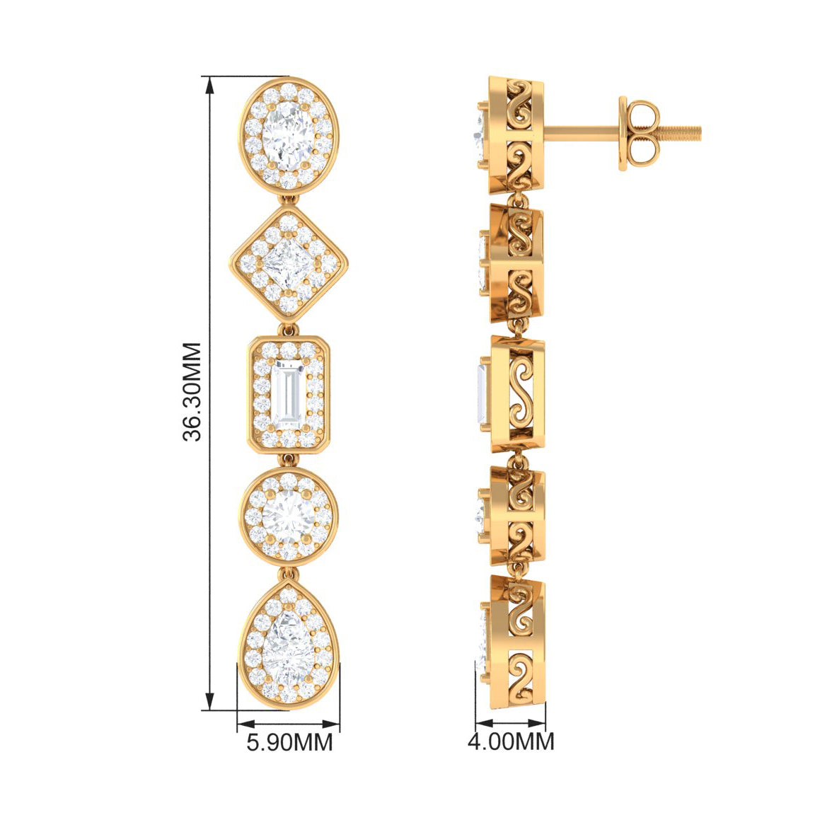 2 CT Moissanite Bridal Dangle Earrings in Gold Moissanite - ( D-VS1 ) - Color and Clarity - Rosec Jewels