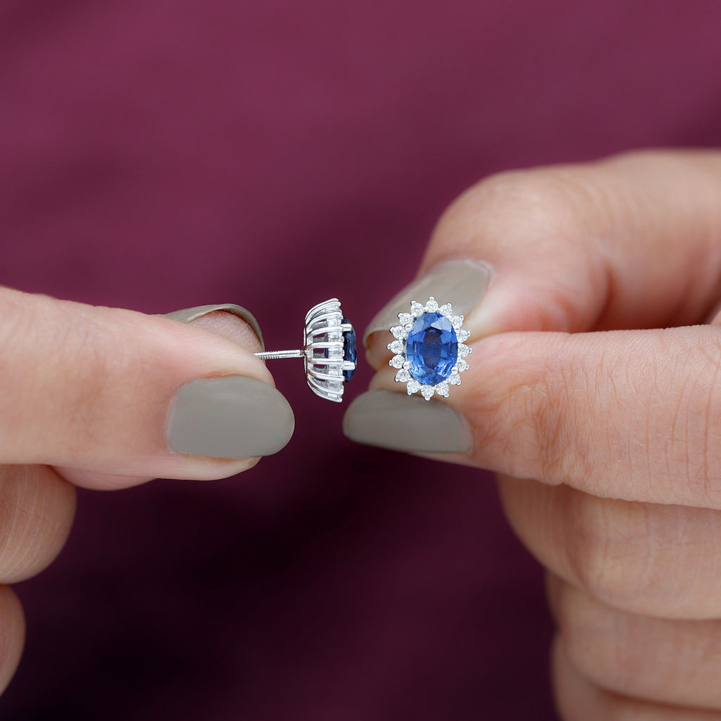 Oval Cut Created Blue Sapphire Stud Earrings with Moissanite Halo Lab Created Blue Sapphire - ( AAAA ) - Quality - Rosec Jewels