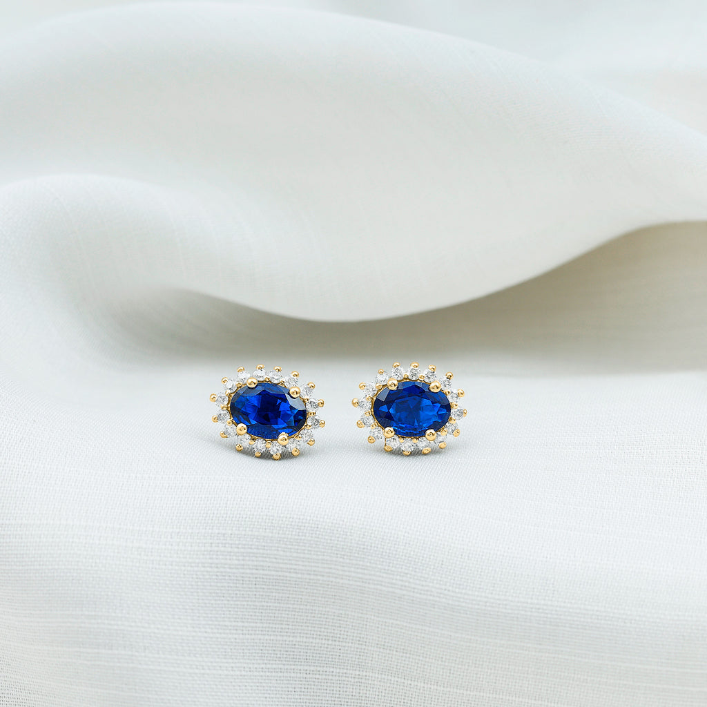 Oval Cut Created Blue Sapphire Stud Earrings with Moissanite Halo Lab Created Blue Sapphire - ( AAAA ) - Quality - Rosec Jewels