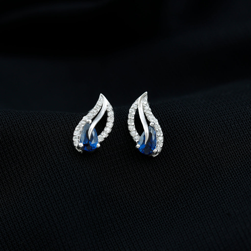 Created Blue Sapphire and Moissanite Leaf Stud Earrings Lab Created Blue Sapphire - ( AAAA ) - Quality - Rosec Jewels