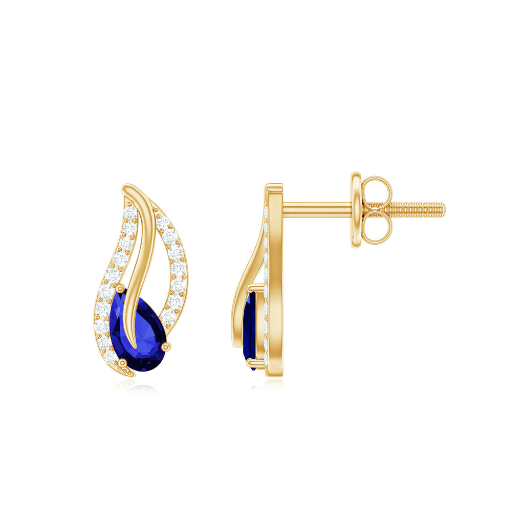 Created Blue Sapphire and Moissanite Leaf Stud Earrings Lab Created Blue Sapphire - ( AAAA ) - Quality - Rosec Jewels
