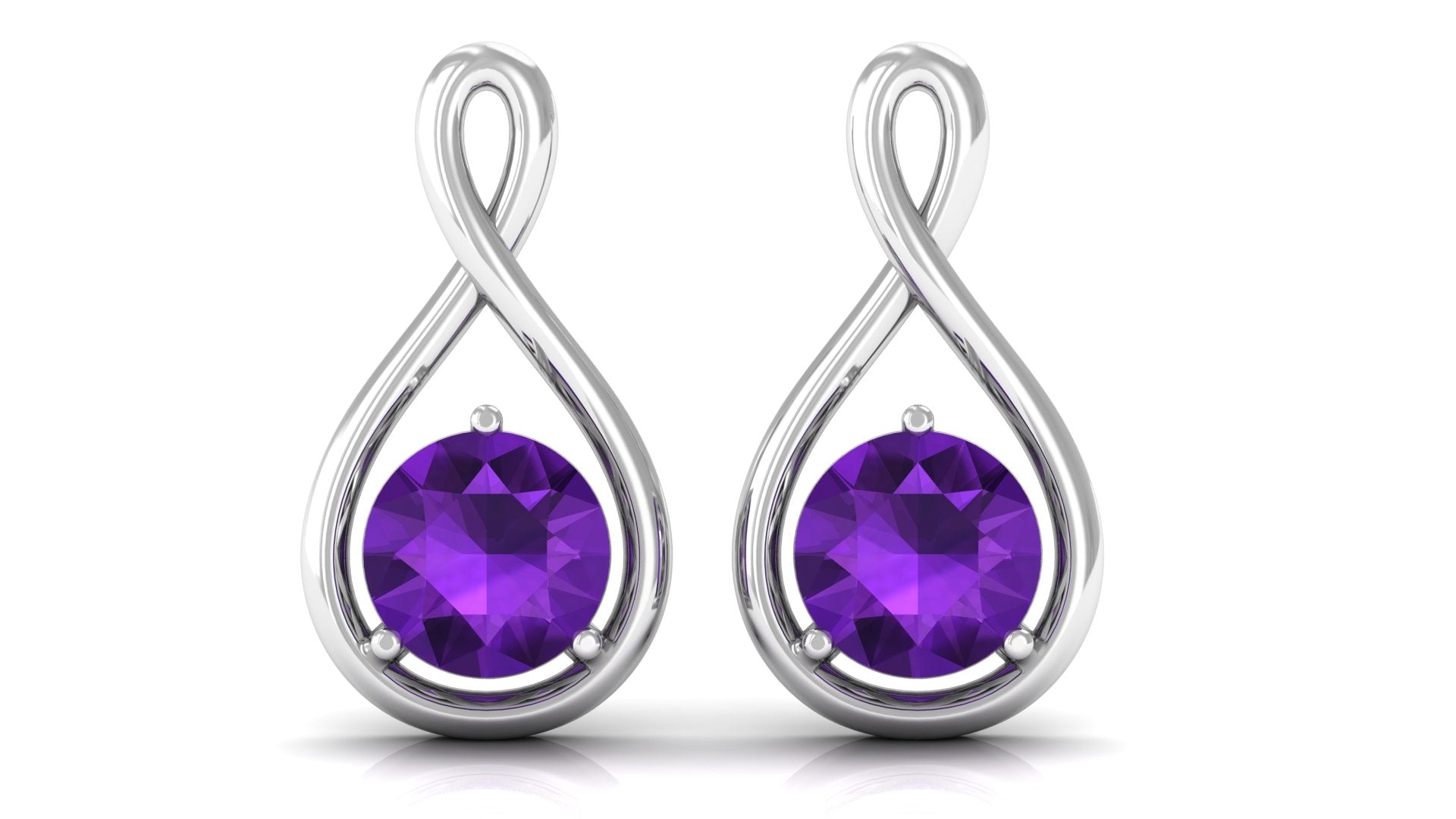 Solitaire Teardrop Stud Earrings with Round Cut Amethyst Amethyst - ( AAA ) - Quality - Rosec Jewels