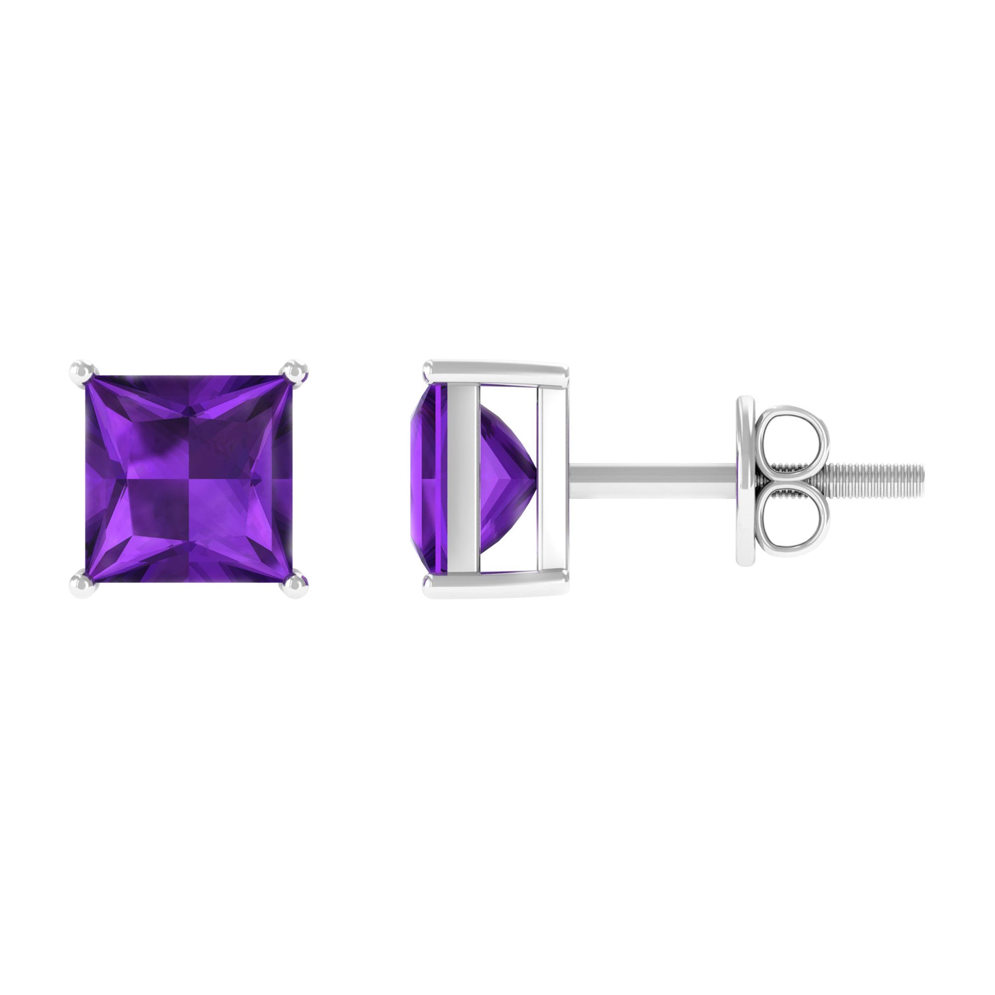 Solitaire Stud Earring with Princess Cut Amethyst Amethyst - ( AAA ) - Quality - Rosec Jewels