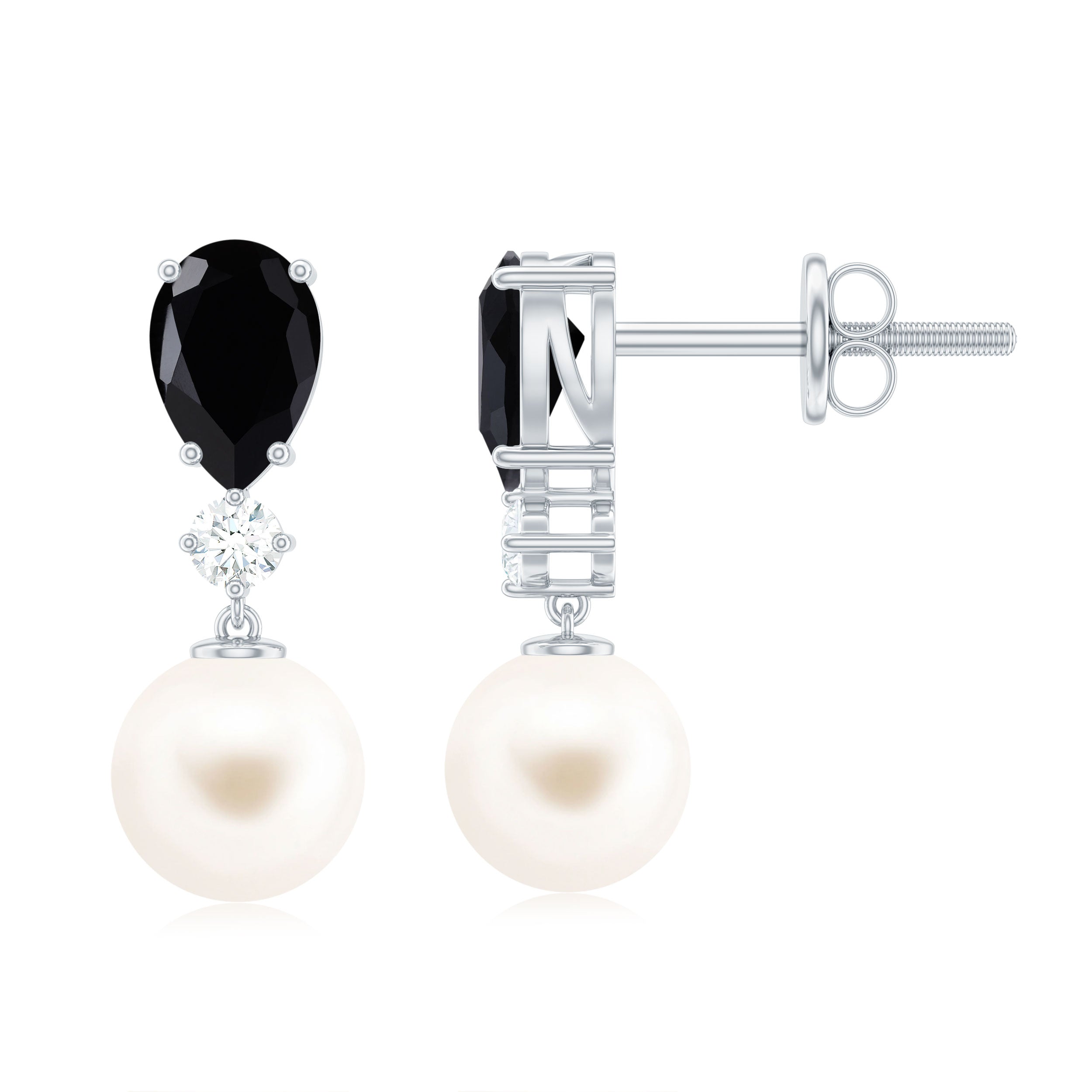 5.75 CT Freshwater Pearl Drop Earrings with Black Onyx and Moissanite Black Onyx - ( AAA ) - Quality - Rosec Jewels