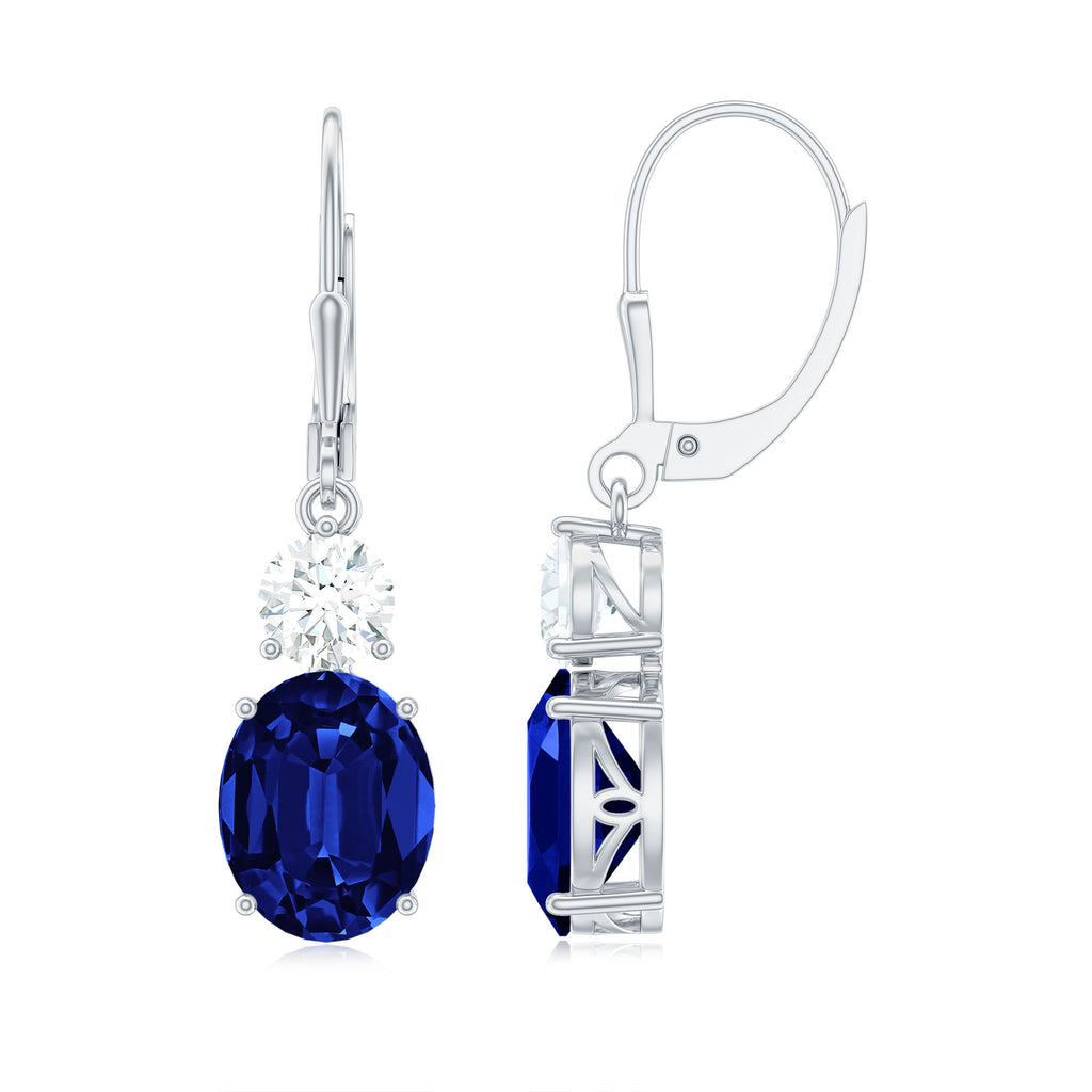 Oval Created Blue Sapphire and Zircon Drop Earrings with Lever Back Lab Created Blue Sapphire - ( AAAA ) - Quality - Rosec Jewels
