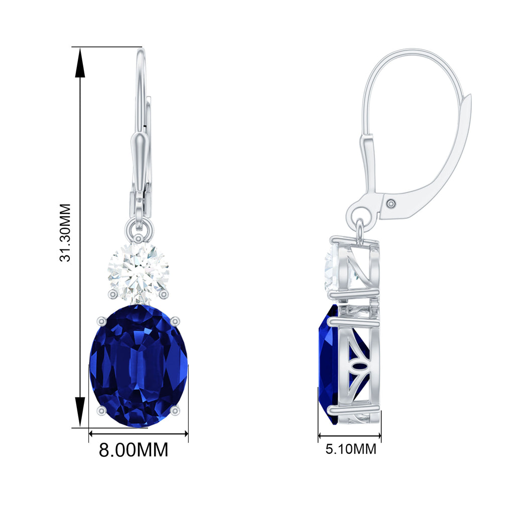 Oval Created Blue Sapphire and Zircon Drop Earrings with Lever Back Lab Created Blue Sapphire - ( AAAA ) - Quality - Rosec Jewels