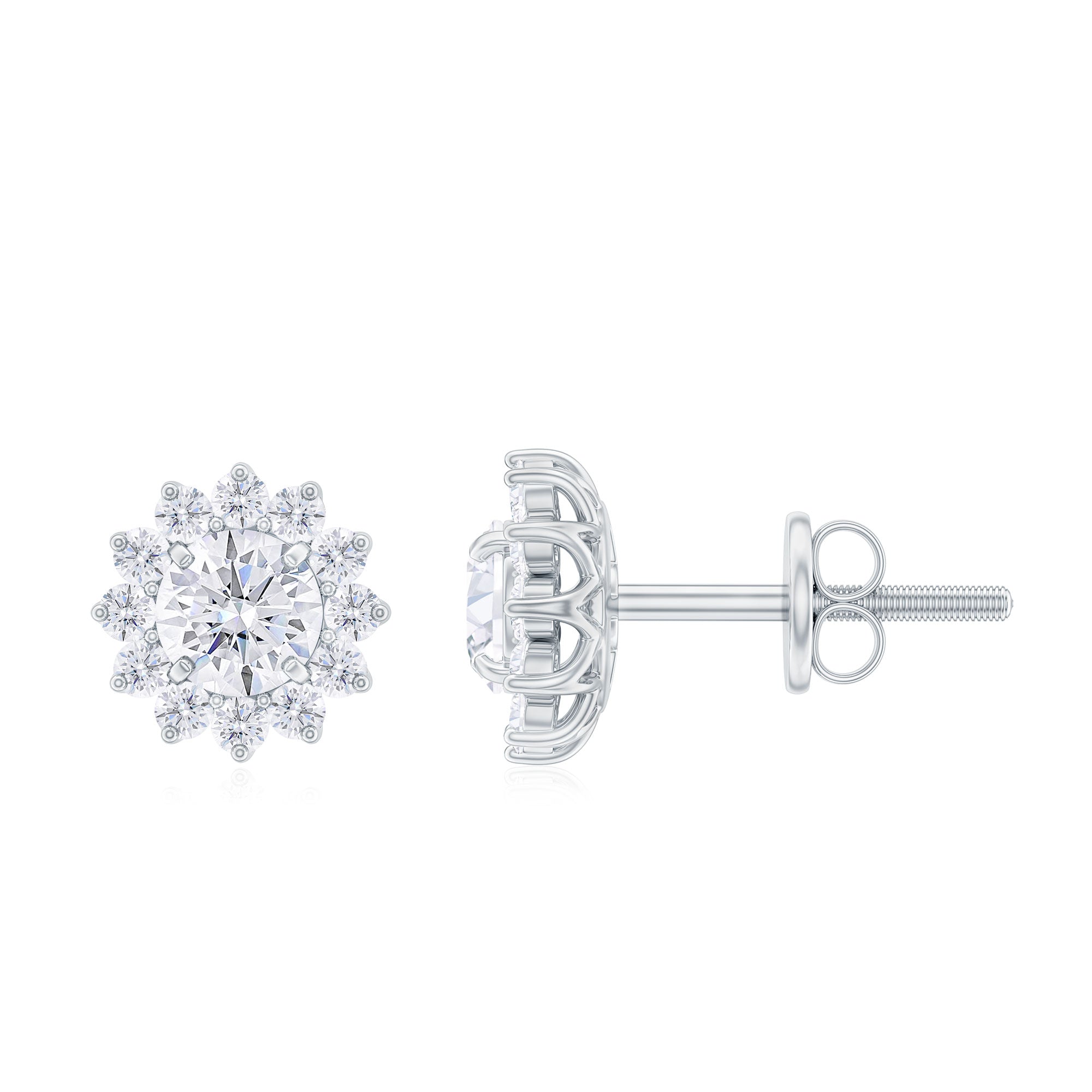 Round Certified Moissanite Classic Halo Stud Earrings Moissanite - ( D-VS1 ) - Color and Clarity - Rosec Jewels