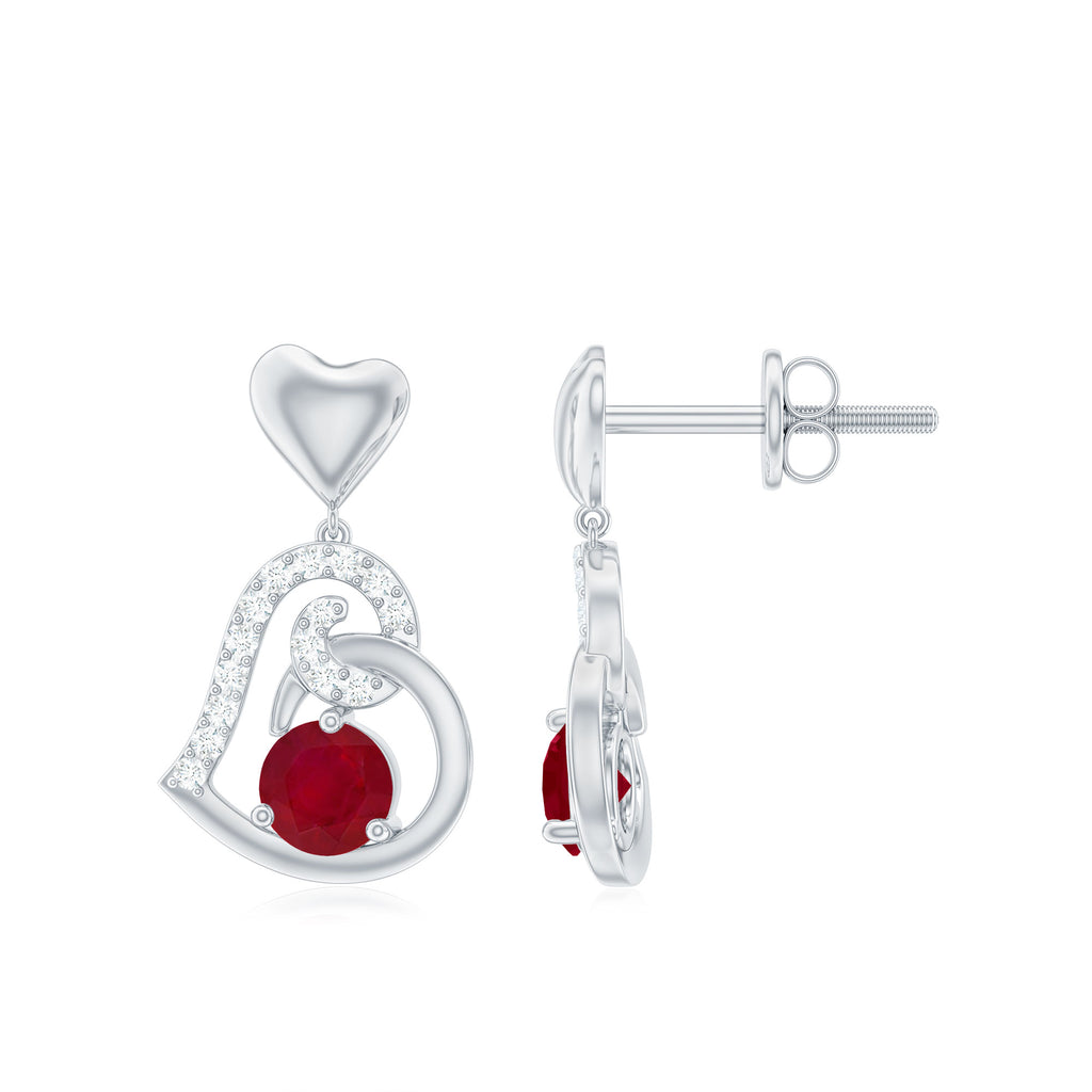 Round Ruby Heart Drop Earring with Diamond Accent