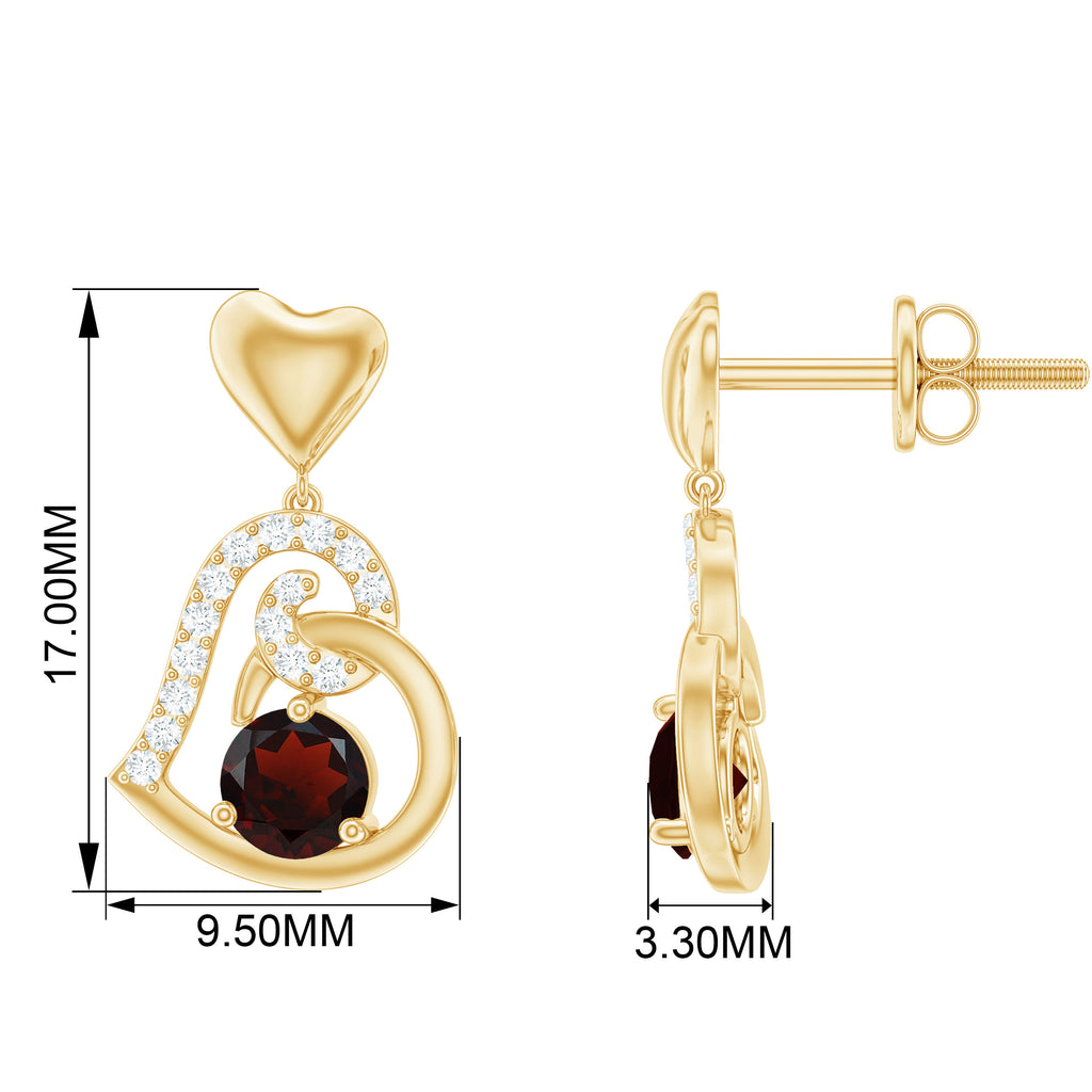 Garnet Heart Drop Earrings with Diamond Accent Garnet - ( AAA ) - Quality - Rosec Jewels UK