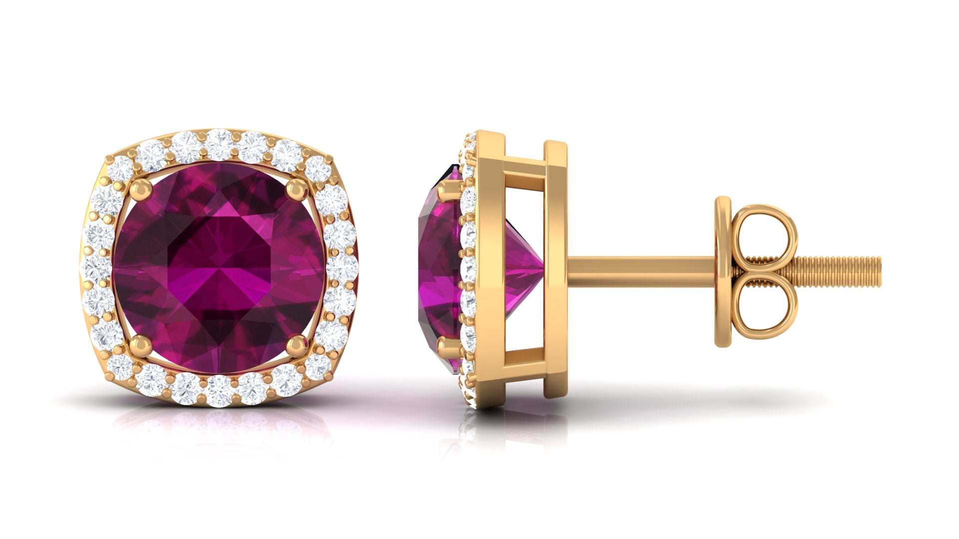 Round Shape Rhodolite and Diamond Halo Stud Earrings Rhodolite - ( AAA ) - Quality - Rosec Jewels