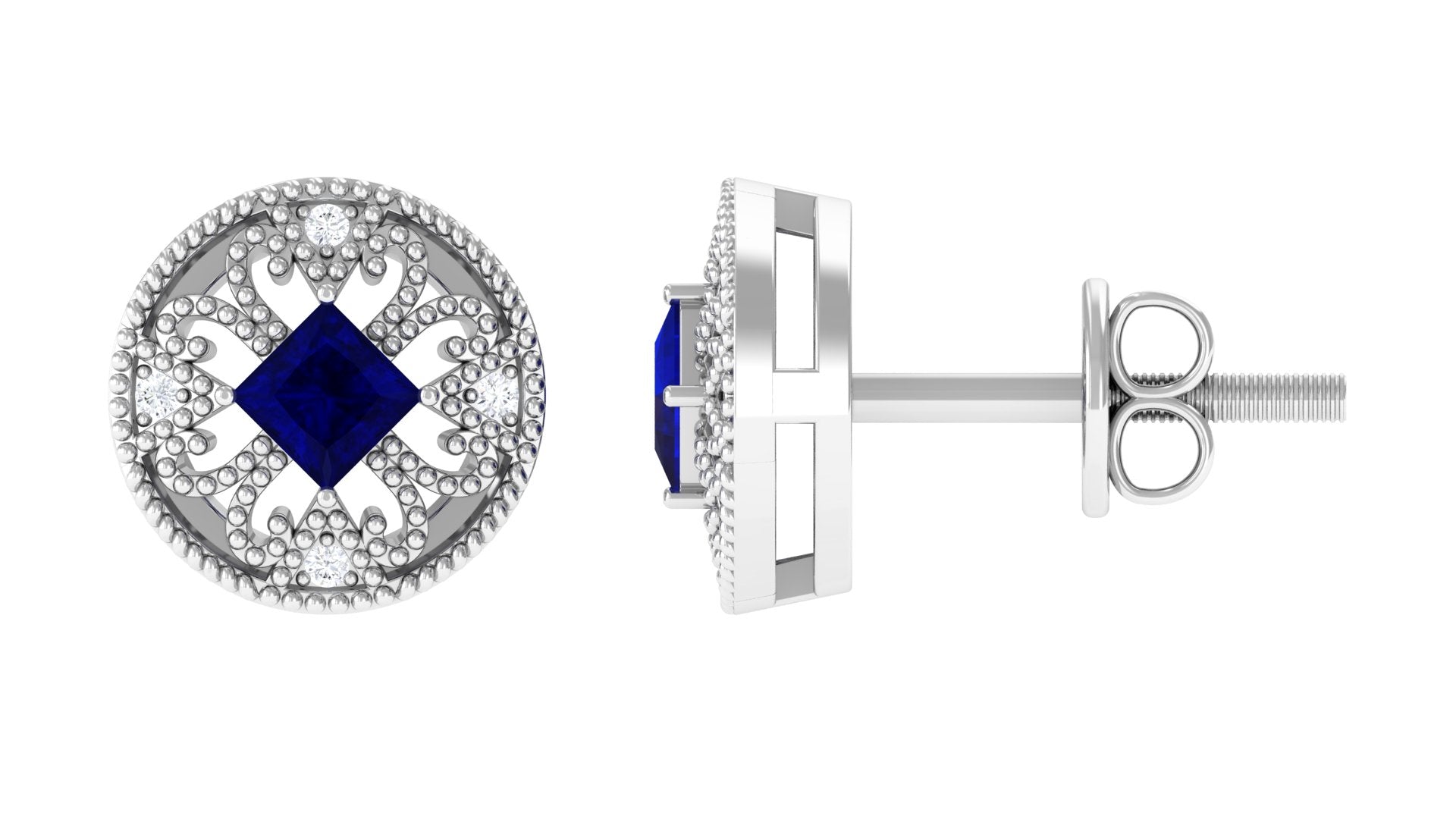 0.25 CT Antique Blue Sapphire and Diamond Beaded Stud Earrings Blue Sapphire - ( AAA ) - Quality - Rosec Jewels