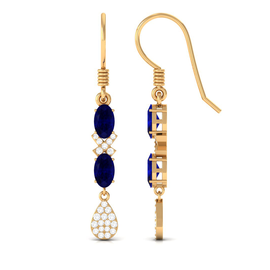 2 CT Oval Cut Blue Sapphire and Diamond Dangle Earrings Blue Sapphire - ( AAA ) - Quality - Rosec Jewels