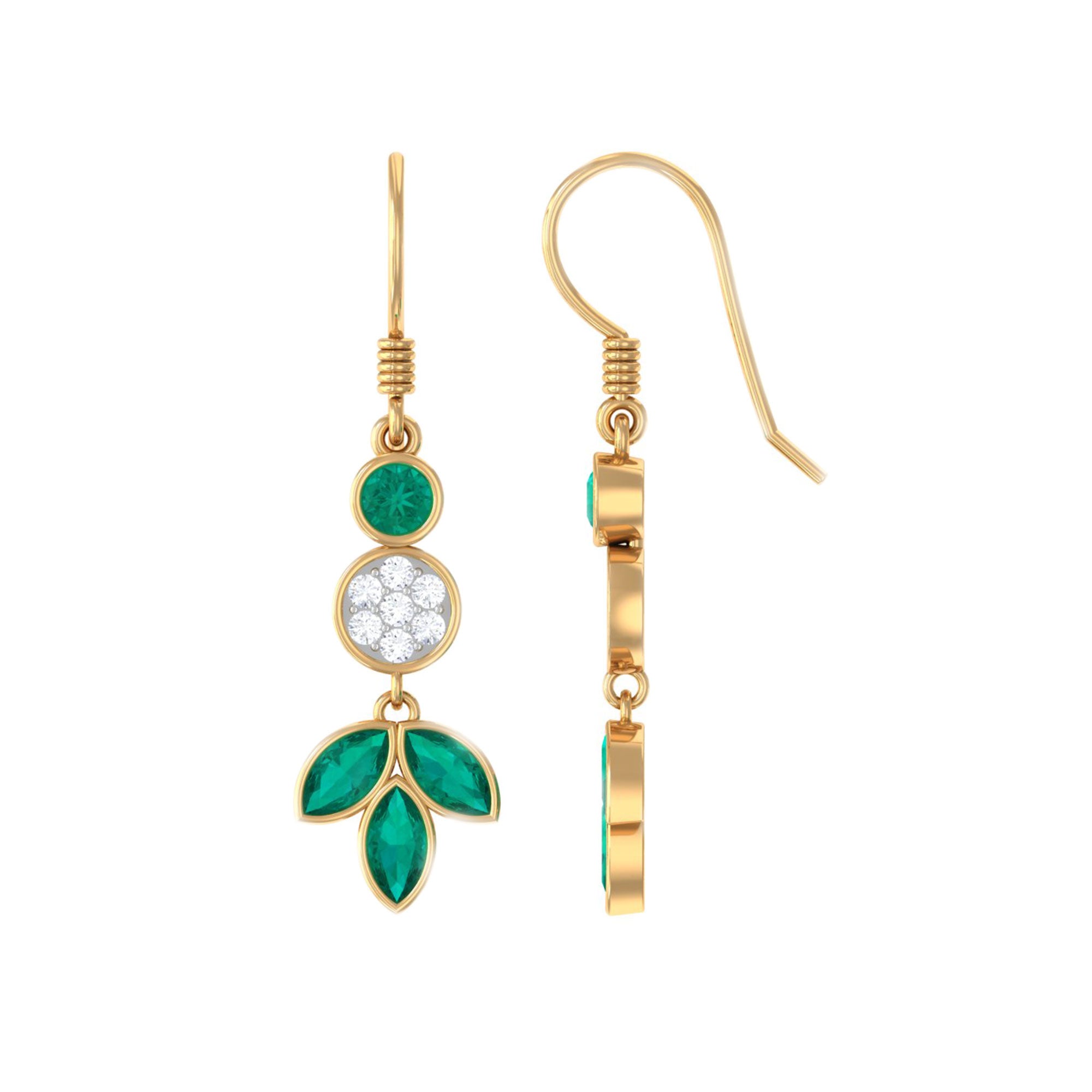 1.75 CT Bezel Set Emerald Leaf Dangle Earrings with Diamond Emerald - ( AAA ) - Quality - Rosec Jewels