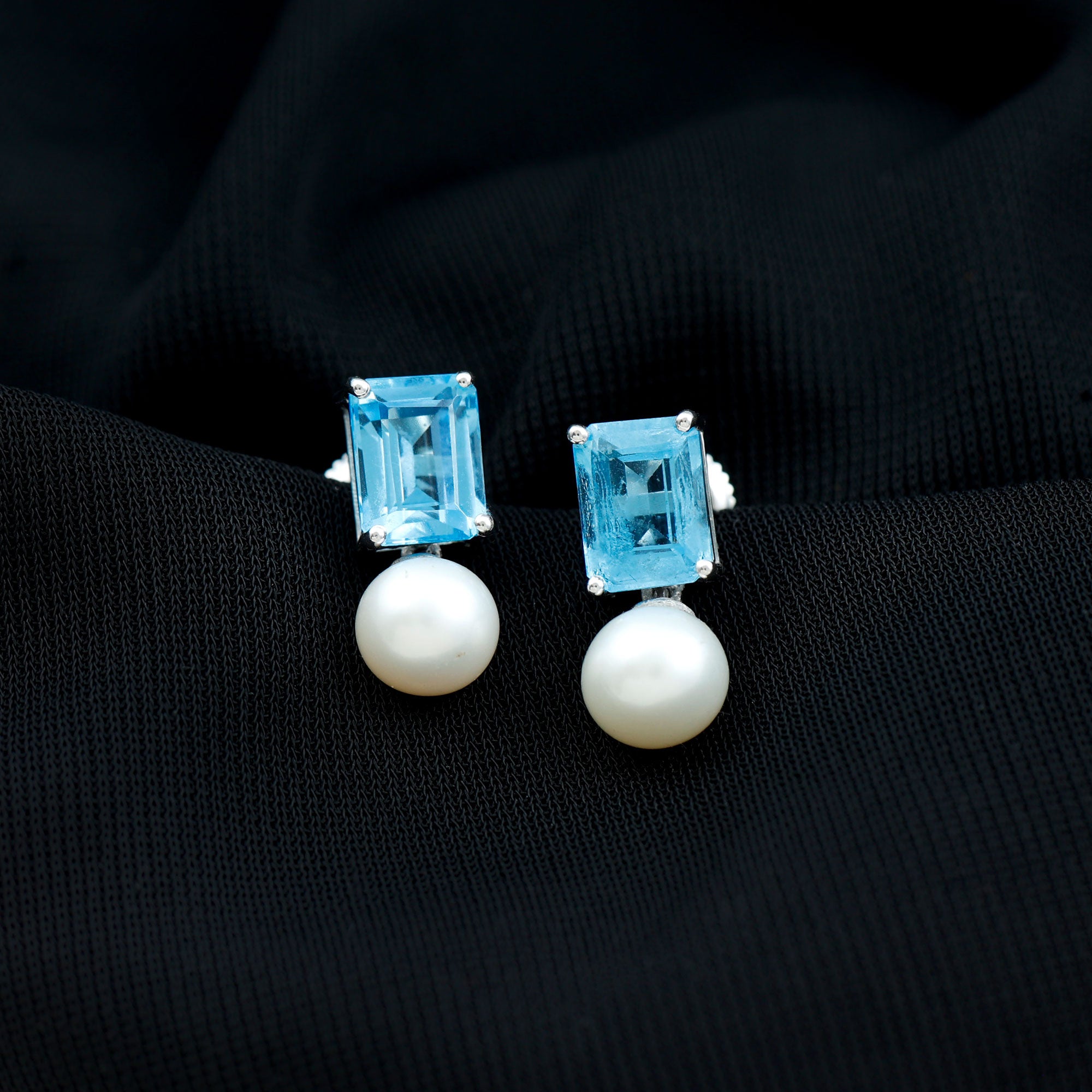 Emerald Cut Swiss Blue Topaz and Freshwater Pearl Drop Earrings Freshwater Pearl - ( AAA ) - Quality - Rosec Jewels