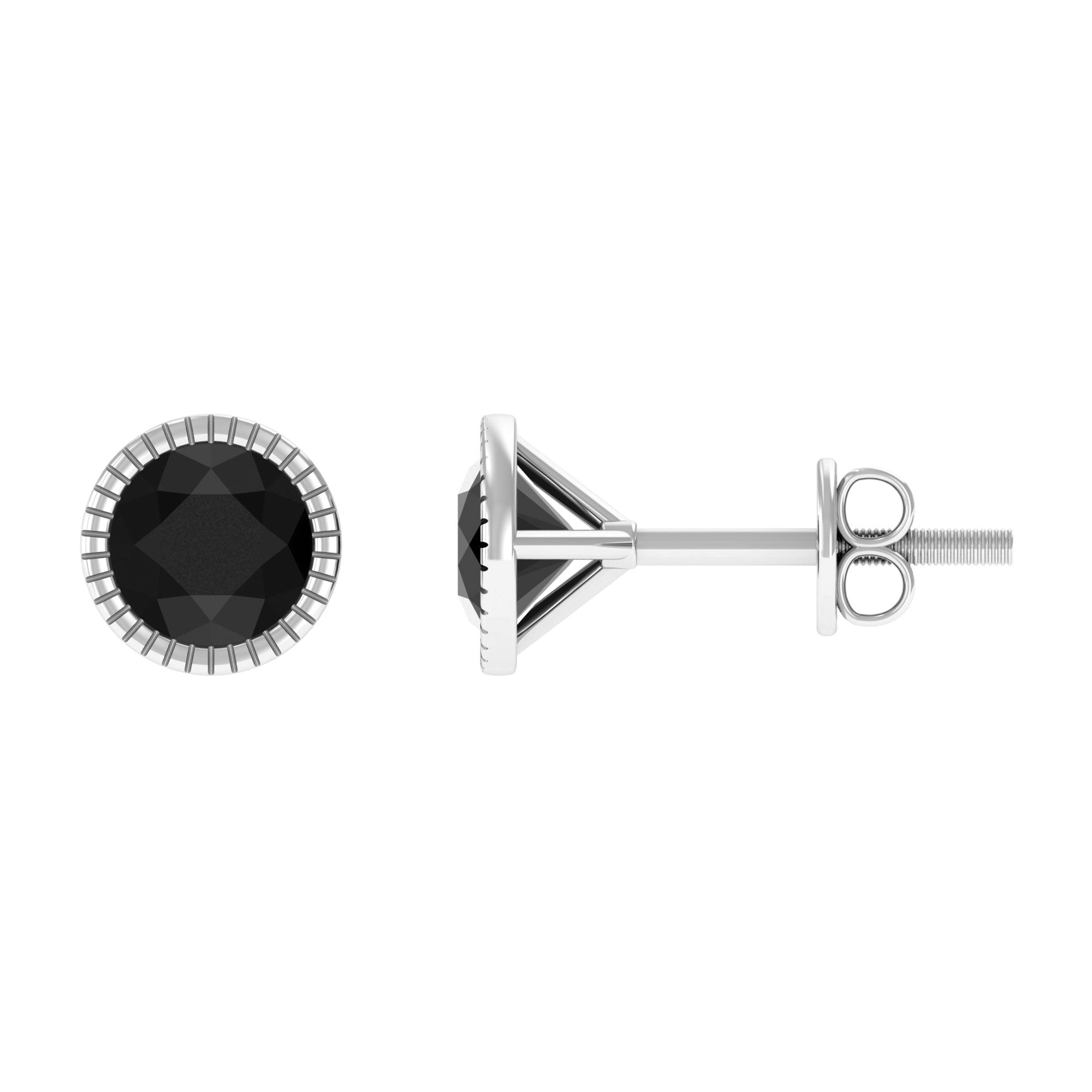 Round Black Diamond Gold Solitaire Stud Earring in Bezel Setting Black Diamond - ( AAA ) - Quality - Rosec Jewels