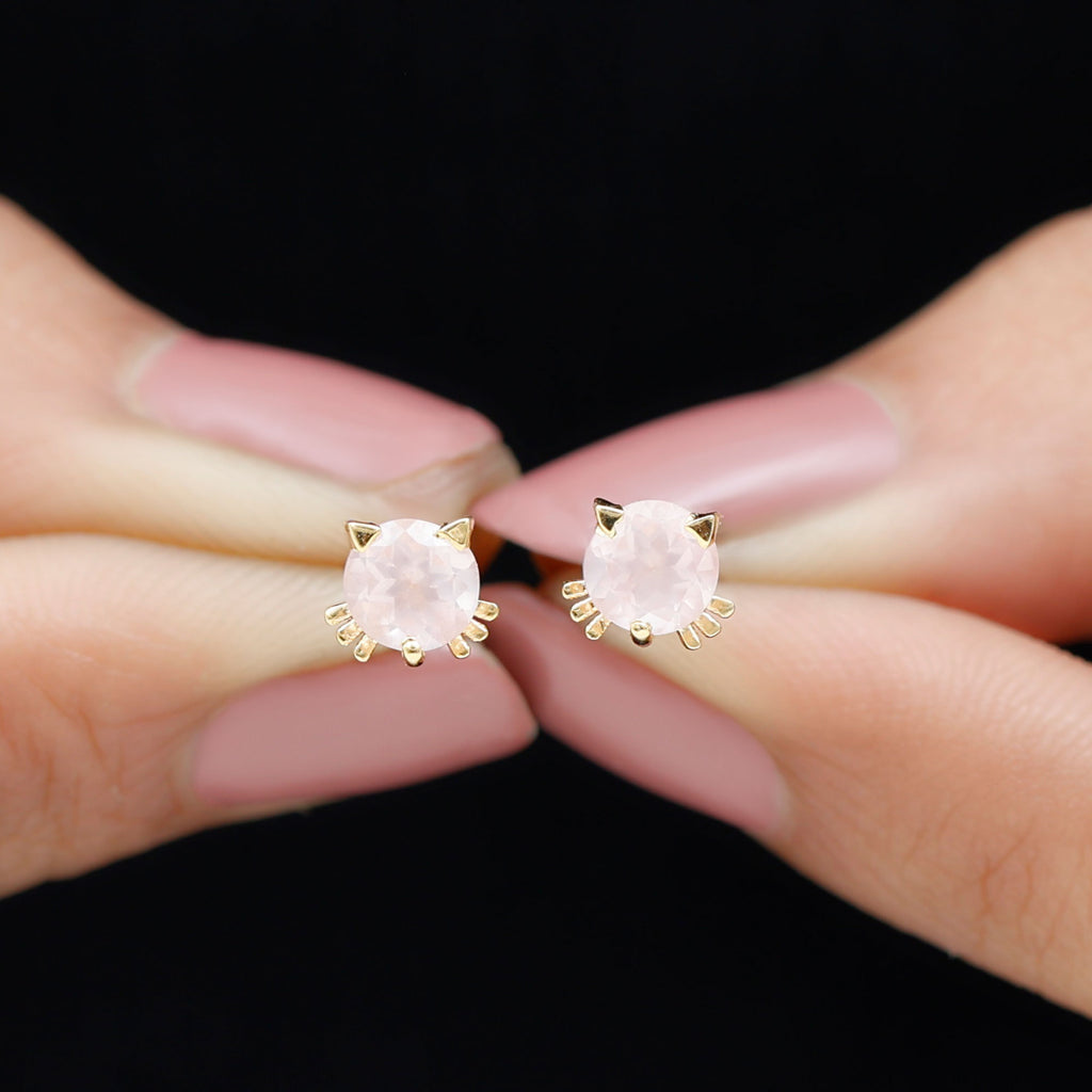 Dainty Cat Stud Earrings with Round Cut Solitaire Rose Quartz Rose Quartz - ( AAA ) - Quality - Rosec Jewels