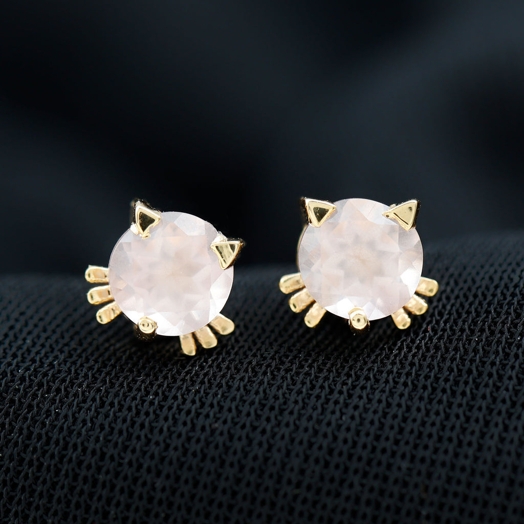 Dainty Cat Stud Earrings with Round Cut Solitaire Rose Quartz Rose Quartz - ( AAA ) - Quality - Rosec Jewels