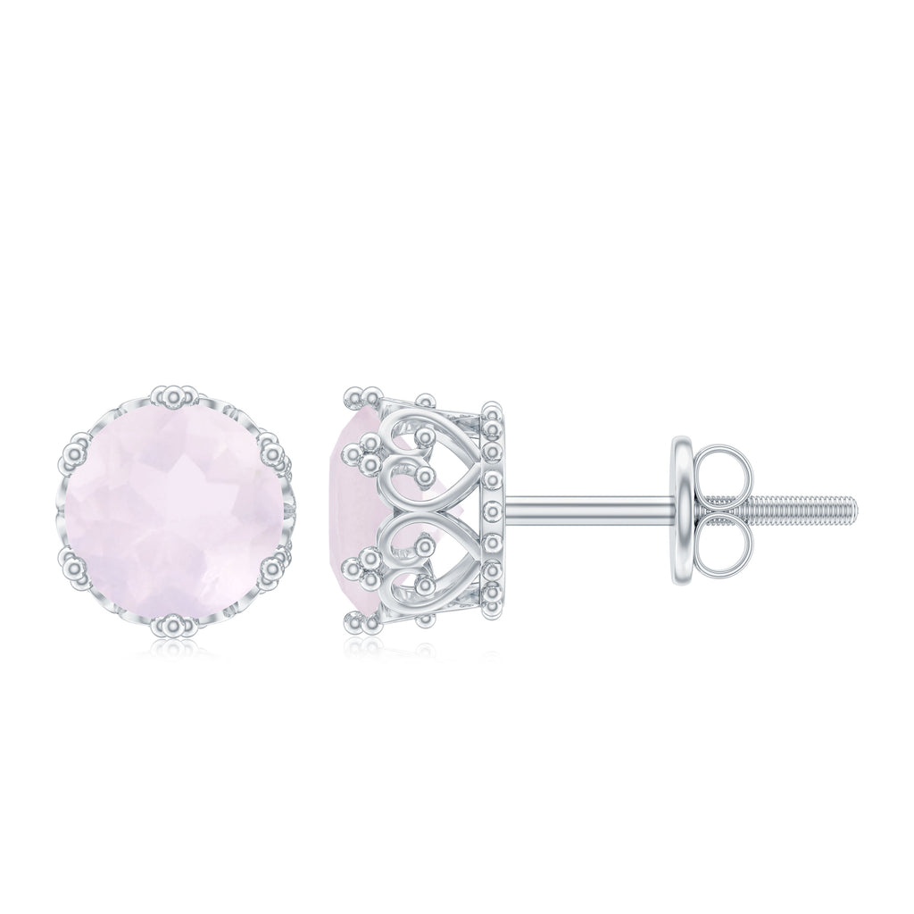 6 MM Rose Quartz Solitaire Crown Stud Earrings Rose Quartz - ( AAA ) - Quality - Rosec Jewels
