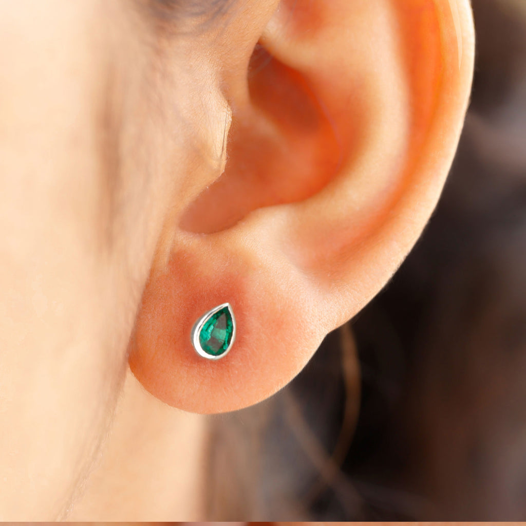 3/4 CT Bezel Set Emerald Teardrop Stud Earrings in Bezel Setting Emerald - ( AAA ) - Quality - Rosec Jewels