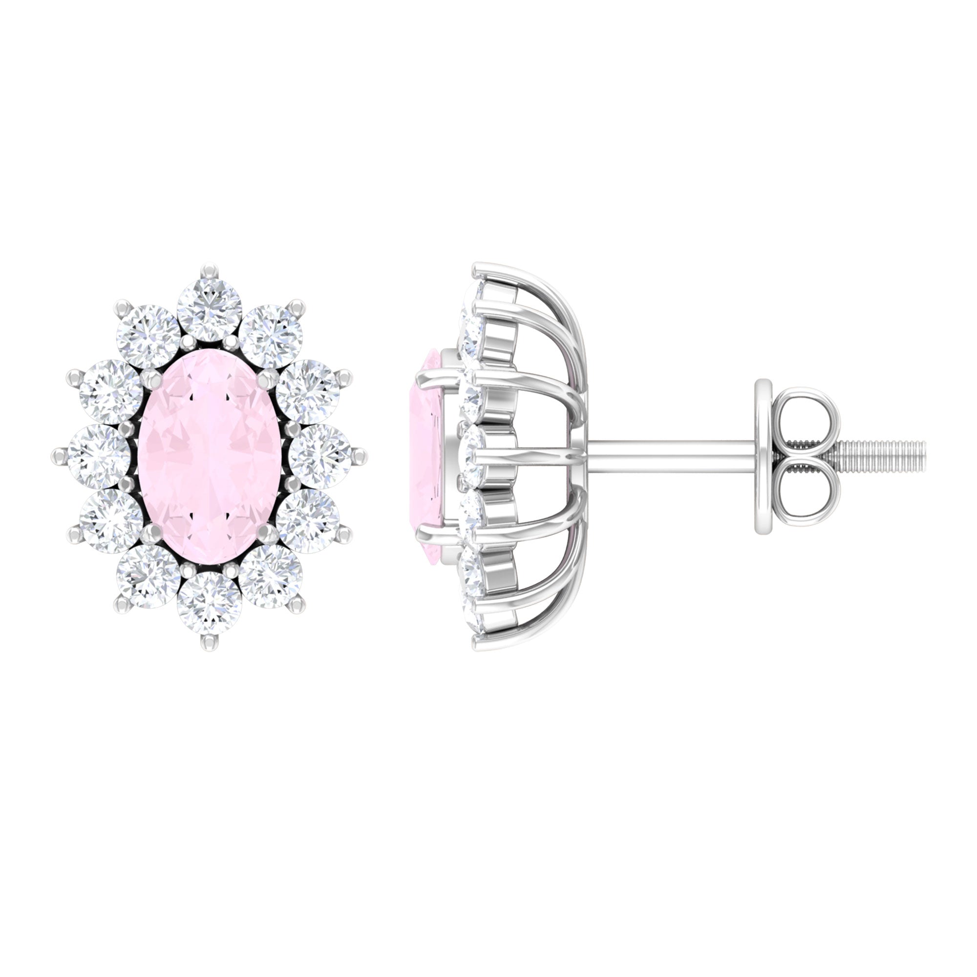 Oval Cut Rose Quartz and Diamond Starburst Stud Earrings Rose Quartz - ( AAA ) - Quality - Rosec Jewels