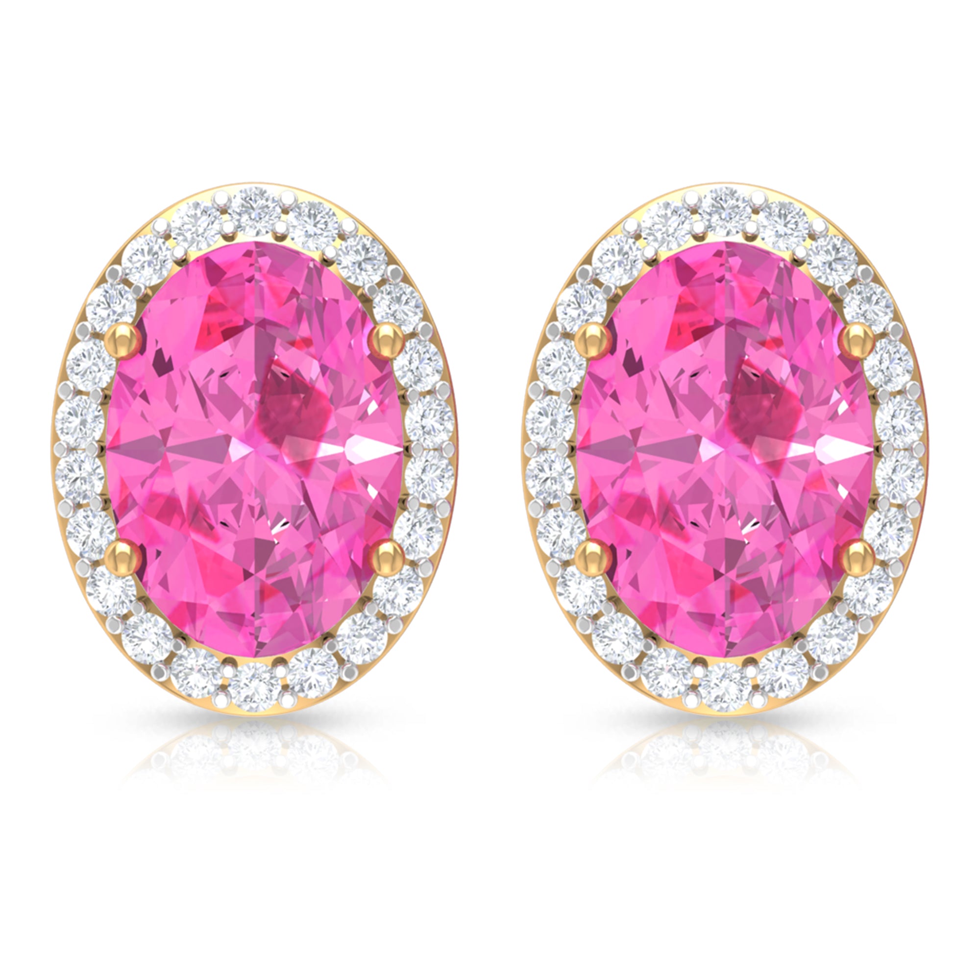 Classic Oval Halo Stud Earrings with Pink Sapphire and Diamond Pink Sapphire - ( AAA ) - Quality - Rosec Jewels