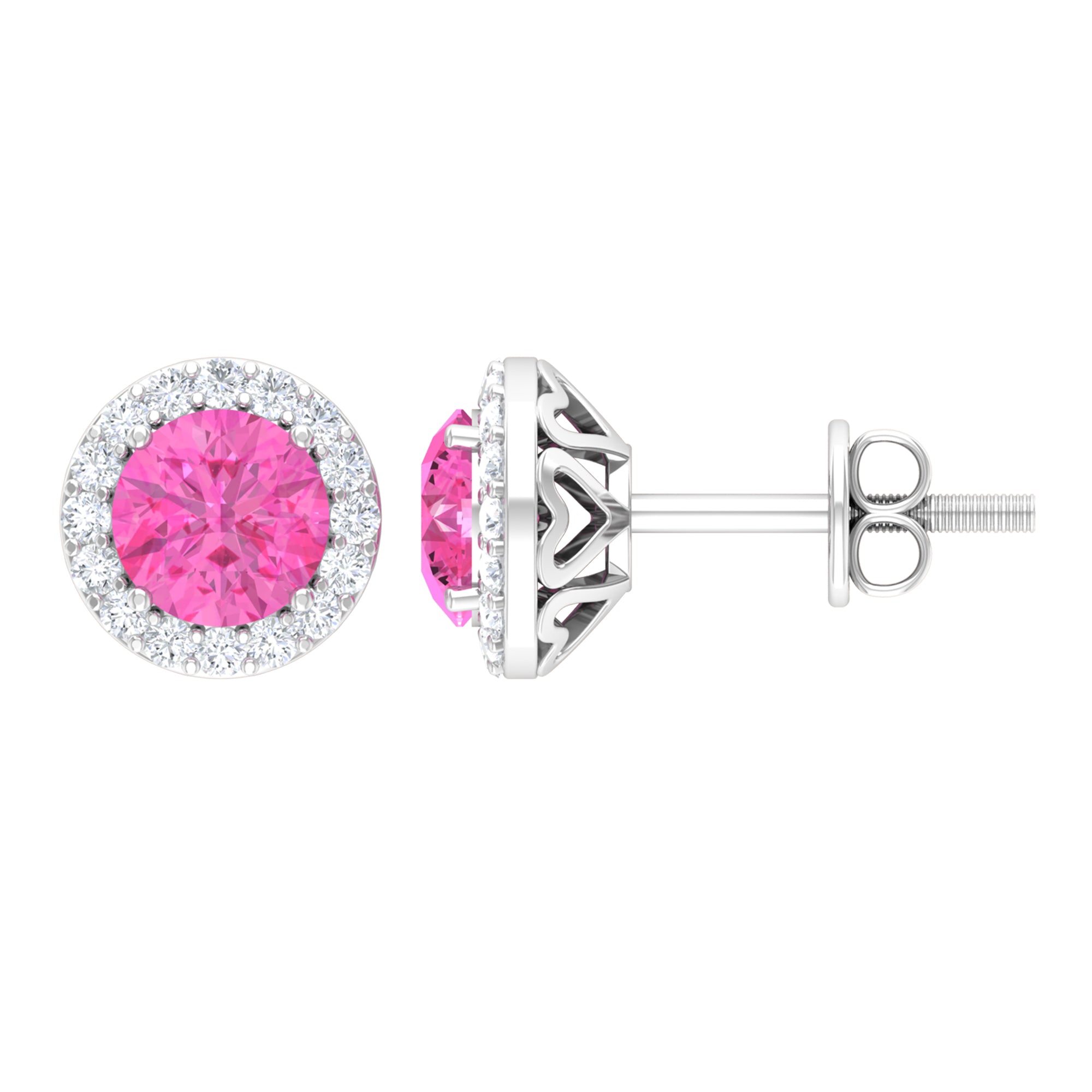 Round Halo Stud Earrings with Pink Sapphire and Diamond Pink Sapphire - ( AAA ) - Quality - Rosec Jewels