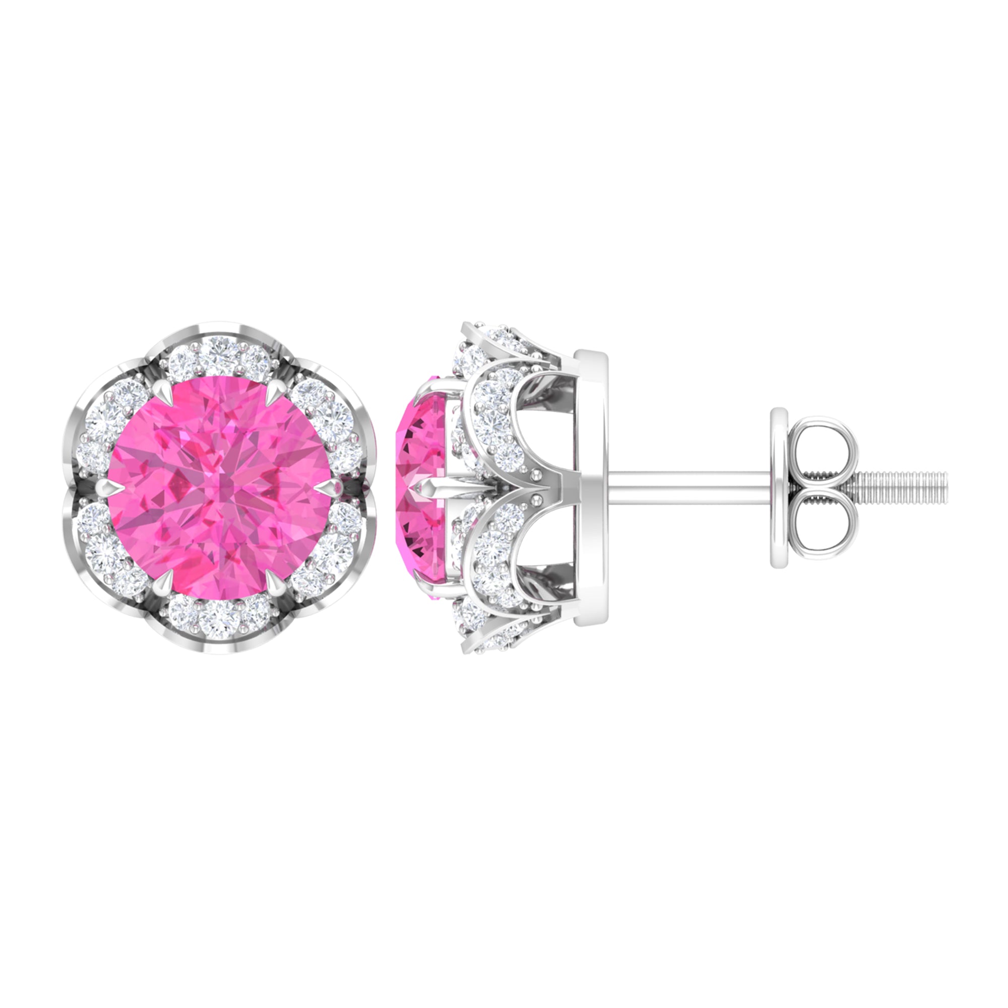 Classic Flower Stud Earrings with Round Pink Sapphire and Diamond Pink Sapphire - ( AAA ) - Quality - Rosec Jewels