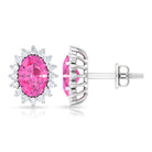 Oval Halo Stud Earrings with Pink Sapphire and Diamond Pink Sapphire - ( AAA ) - Quality - Rosec Jewels
