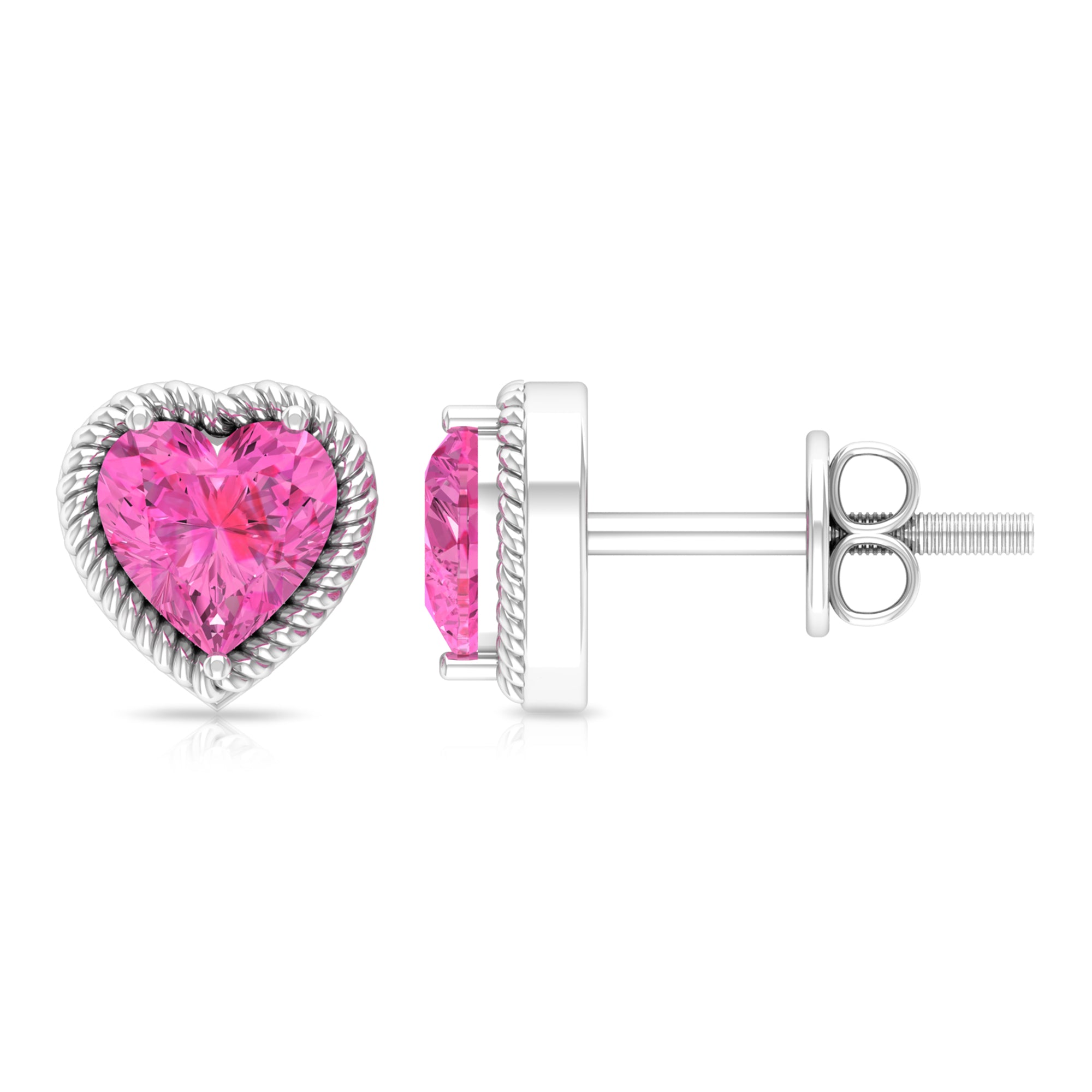 Solitaire Pink Sapphire Heart Stud Earrings in Rope Frame Pink Sapphire - ( AAA ) - Quality - Rosec Jewels