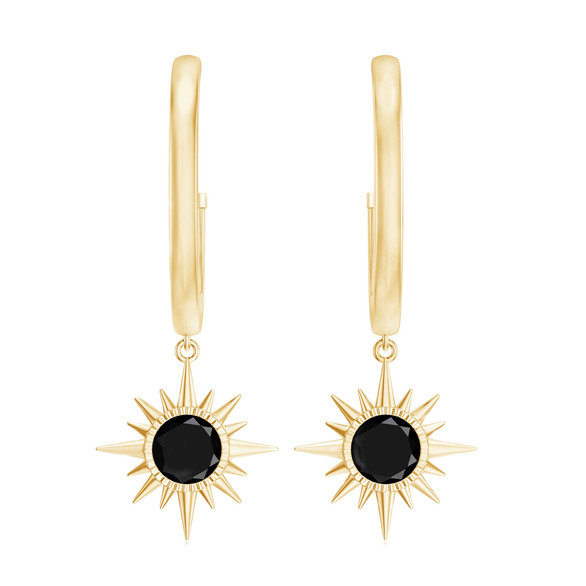 4 MM Round Shape Black Onyx and Gold Sunburst Hoop Drop Earrings For Women Black Onyx - ( AAA ) - Quality - Rosec Jewels