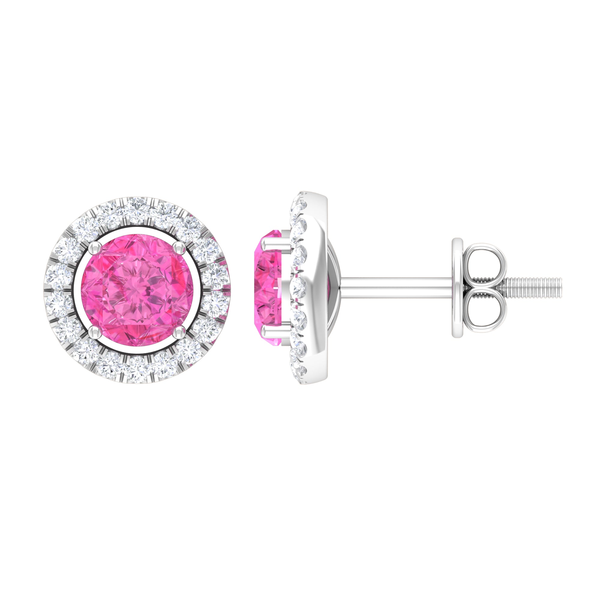 Halo Stud Earrings with Genuine Pink Sapphire and Diamond Pink Sapphire - ( AAA ) - Quality - Rosec Jewels