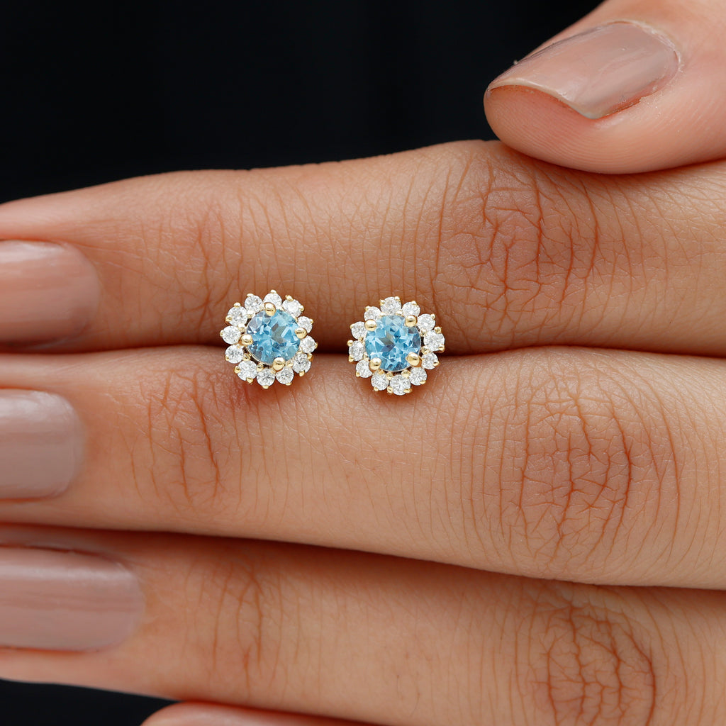 3/4 CT Swiss Blue Topaz and Diamond Halo Stud Earrings Swiss Blue Topaz - ( AAA ) - Quality - Rosec Jewels