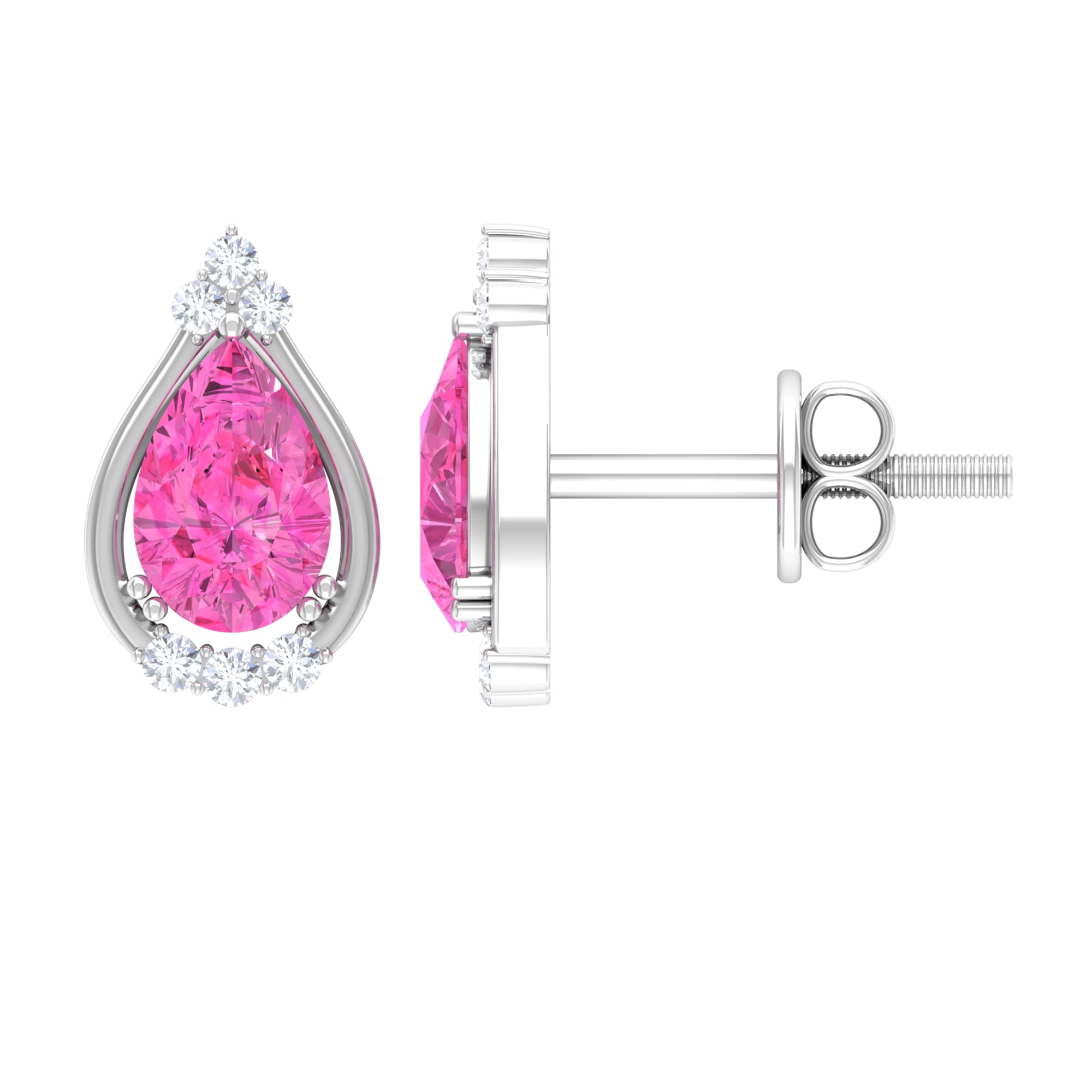 Teardrop Stud Earrings with Real Pink Sapphire and Diamond Pink Sapphire - ( AAA ) - Quality - Rosec Jewels