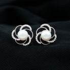 6 MM Round Freshwater Pearl Solitaire Floral Stud Earrings with Diamond Accent Freshwater Pearl - ( AAA ) - Quality - Rosec Jewels