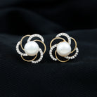 6 MM Round Freshwater Pearl Solitaire Floral Stud Earrings with Diamond Accent Freshwater Pearl - ( AAA ) - Quality - Rosec Jewels