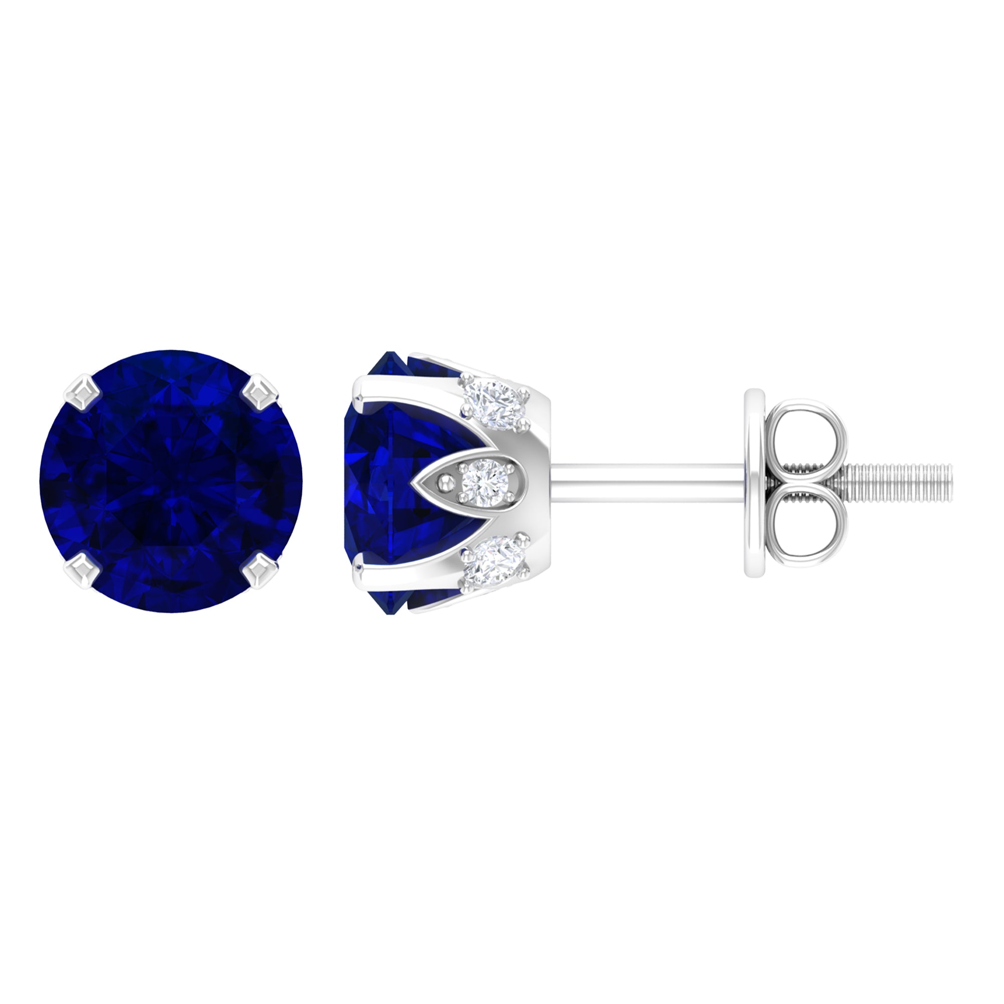 Solitaire Created Blue Sapphire Round Stud Earrings with Moissanite Accent Lab Created Blue Sapphire - ( AAAA ) - Quality - Rosec Jewels