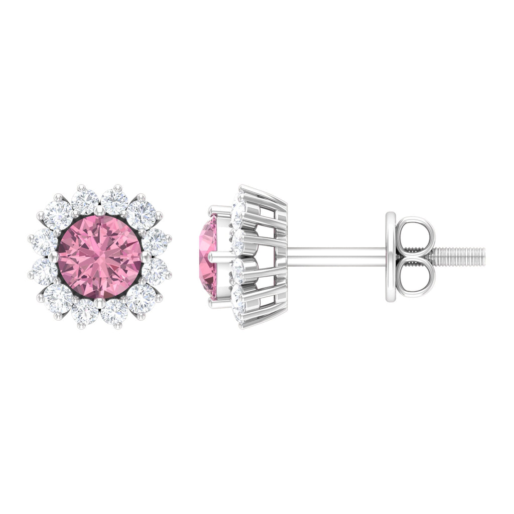Classic Pink Tourmaline Stud Earrings with Diamond Halo Pink Tourmaline - ( AAA ) - Quality - Rosec Jewels
