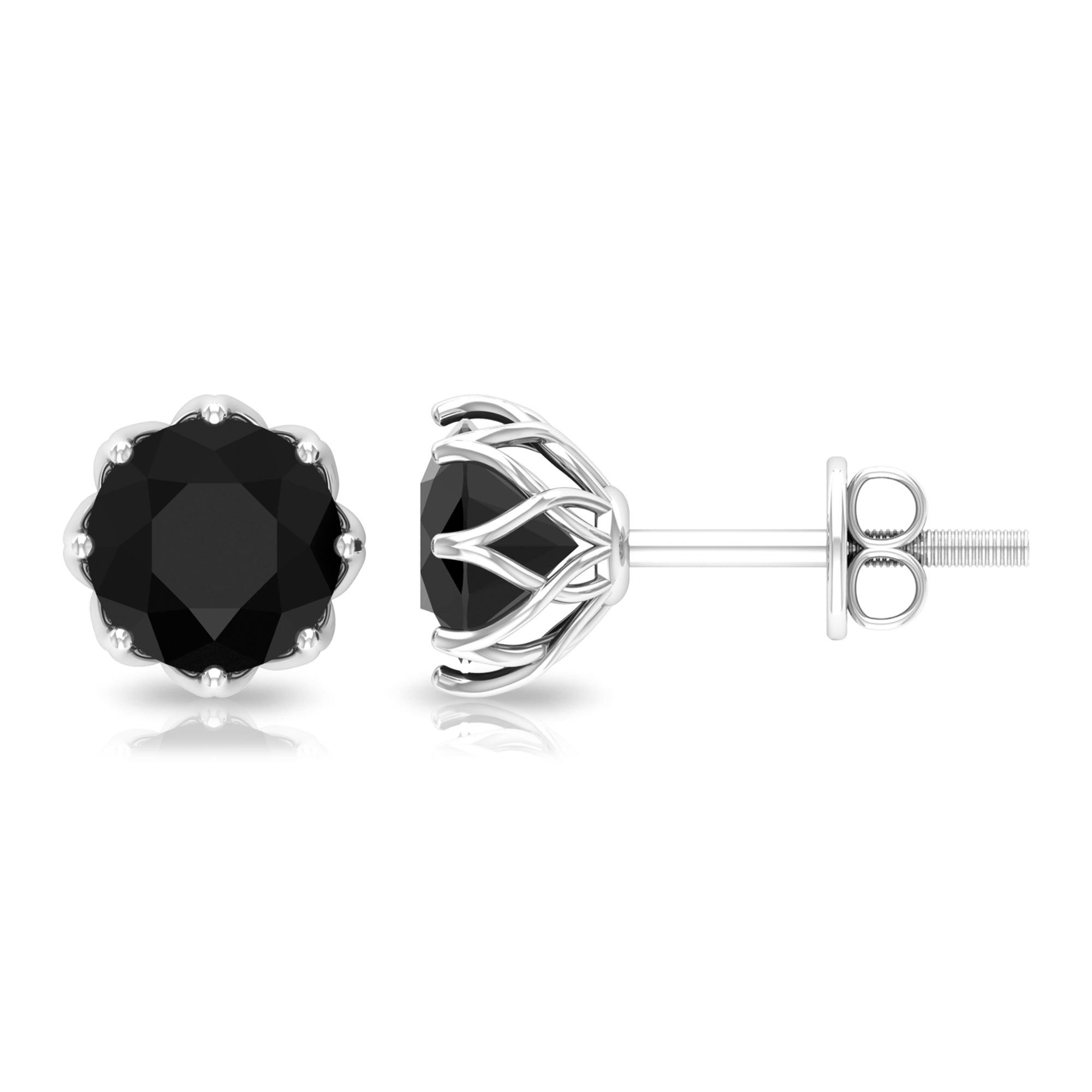 Round Created Black Diamond Solitaire Stud Earrings in Decorative Setting Lab Created Black Diamond - ( AAAA ) - Quality - Rosec Jewels