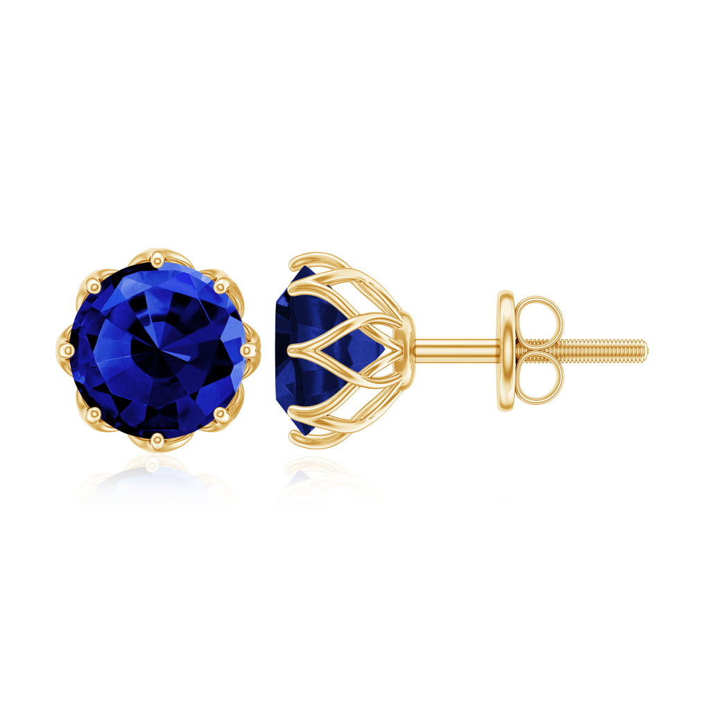 Round Created Blue Sapphire Solitaire Stud Earrings in Decorative Setting Lab Created Blue Sapphire - ( AAAA ) - Quality - Rosec Jewels