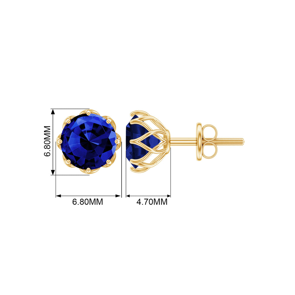 Round Created Blue Sapphire Solitaire Stud Earrings in Decorative Setting Lab Created Blue Sapphire - ( AAAA ) - Quality - Rosec Jewels