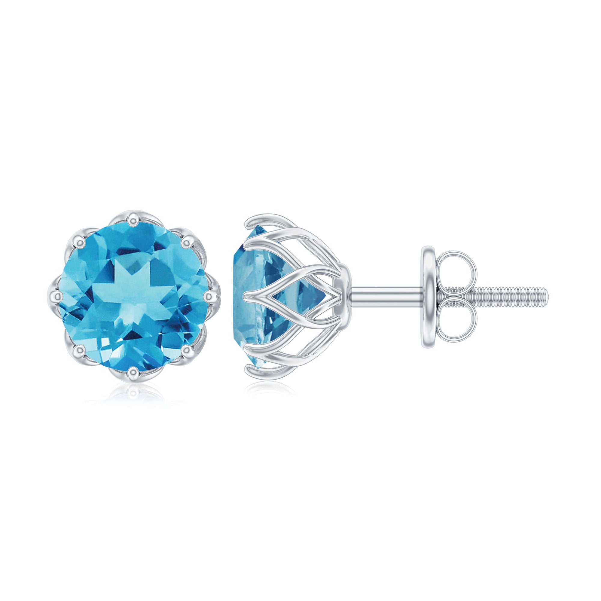 Round Swiss Blue Topaz Solitaire Stud Earrings in Decorative Setting Swiss Blue Topaz - ( AAA ) - Quality - Rosec Jewels