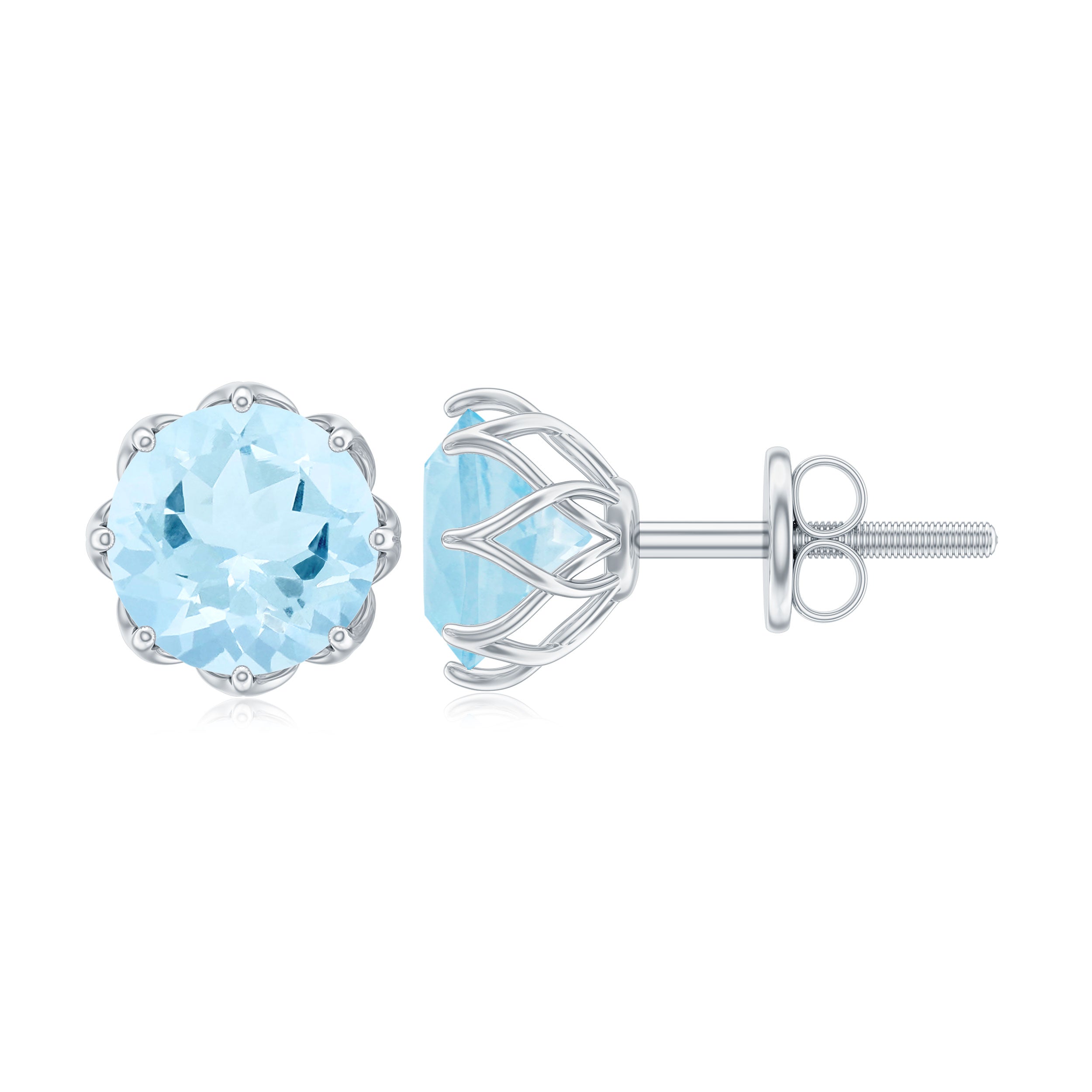 Round Aquamarine Solitaire Stud Earrings in Decorative Setting Aquamarine - ( AAA ) - Quality - Rosec Jewels