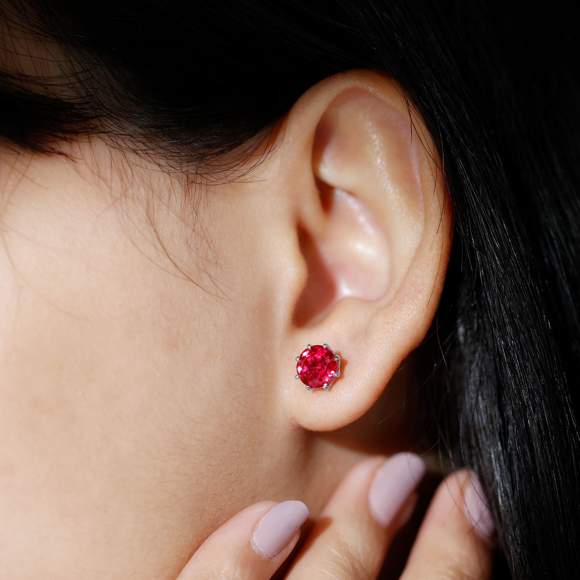 Round Lab-Created Ruby Solitaire Stud Earrings in Decorative Setting Lab Created Ruby - ( AAAA ) - Quality - Rosec Jewels