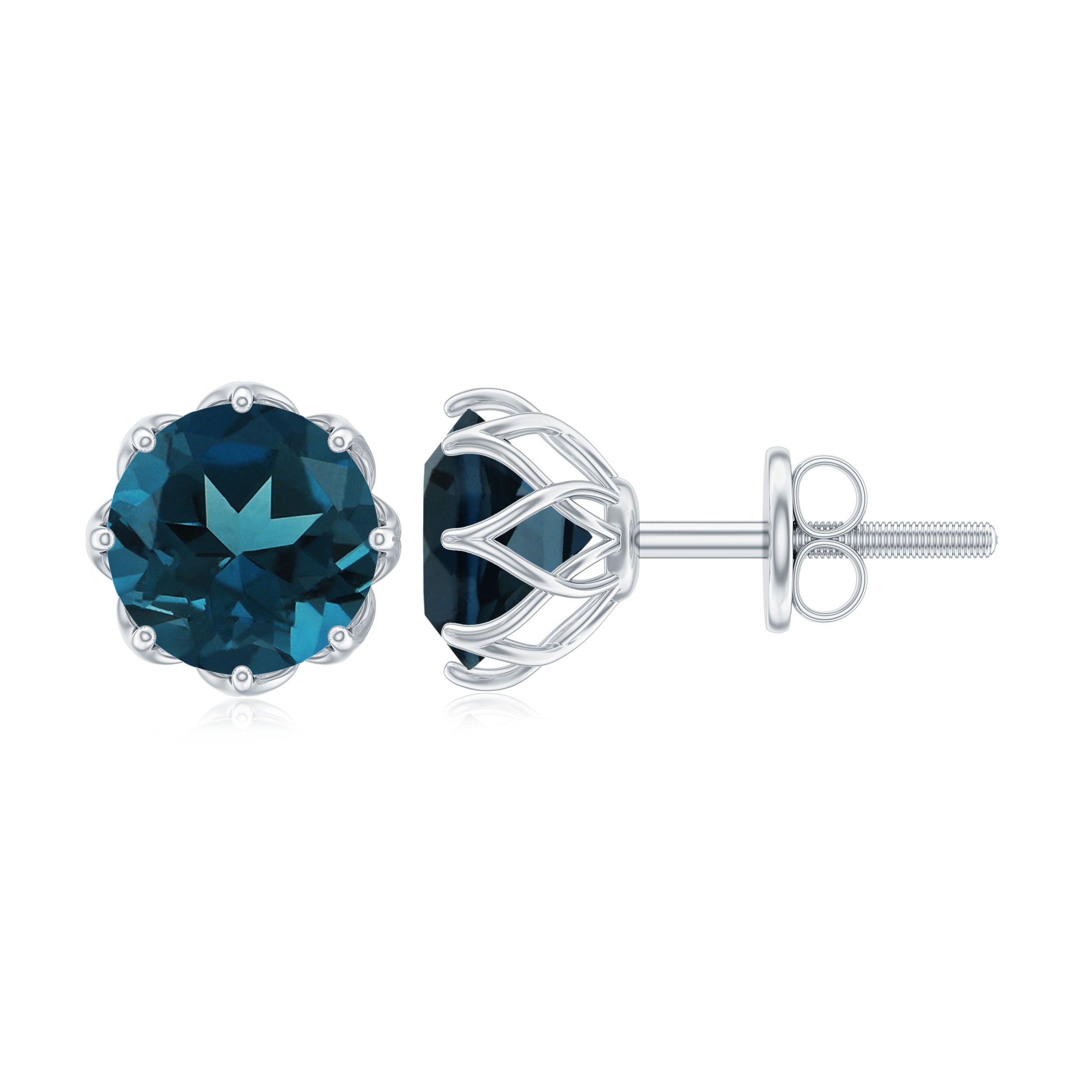 Round London Blue Topaz Solitaire Stud Earrings in Decorative Setting London Blue Topaz - ( AAA ) - Quality - Rosec Jewels